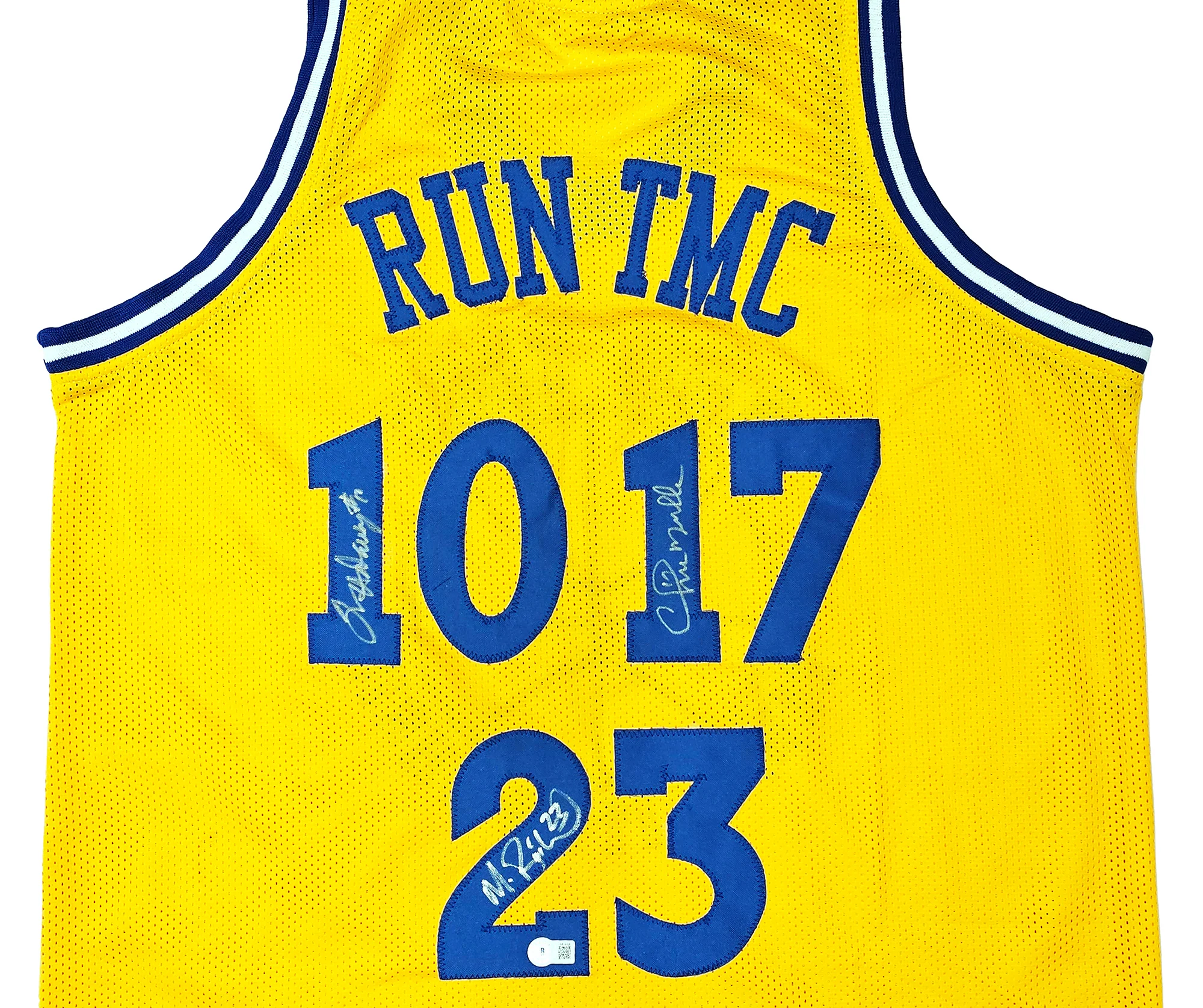Golden State Warriors Chris Mullin, Tim Hardaway & Mitch Richmond Autographed Yellow Jersey Run TMC Beckett BAS Witness Stock #216823 - Image 3