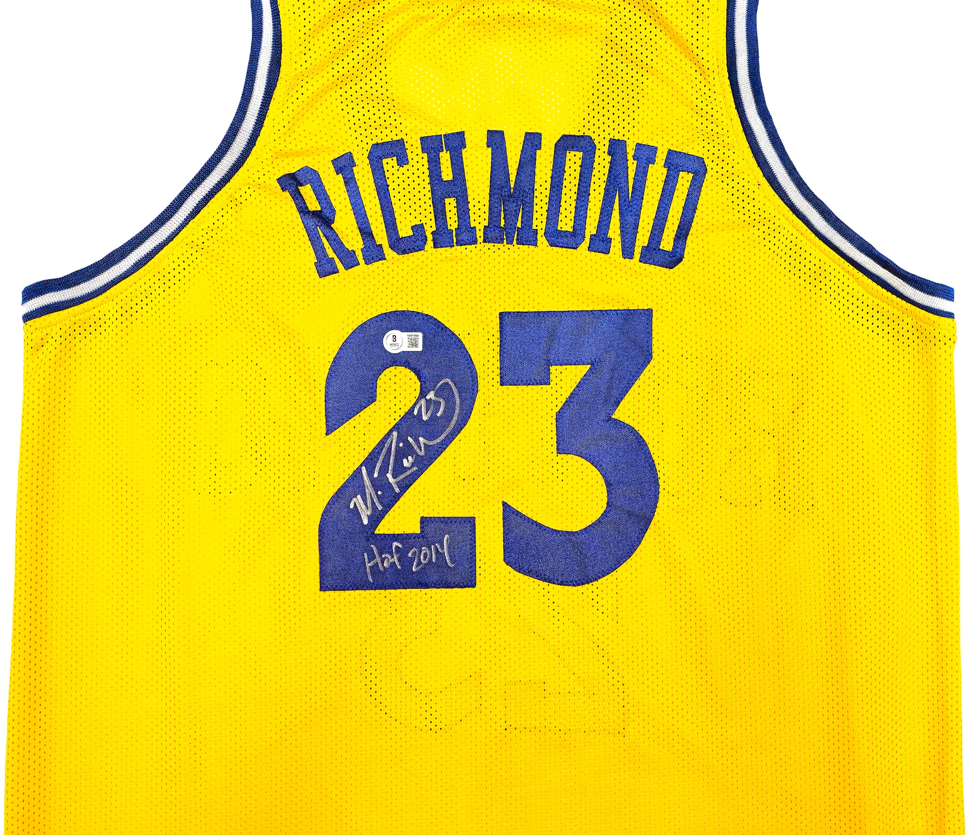 Golden State Warriors Mitch Richmond Autographed Yellow Jersey "HOF 2014" Beckett BAS Witness Stock #232590 - Image 3