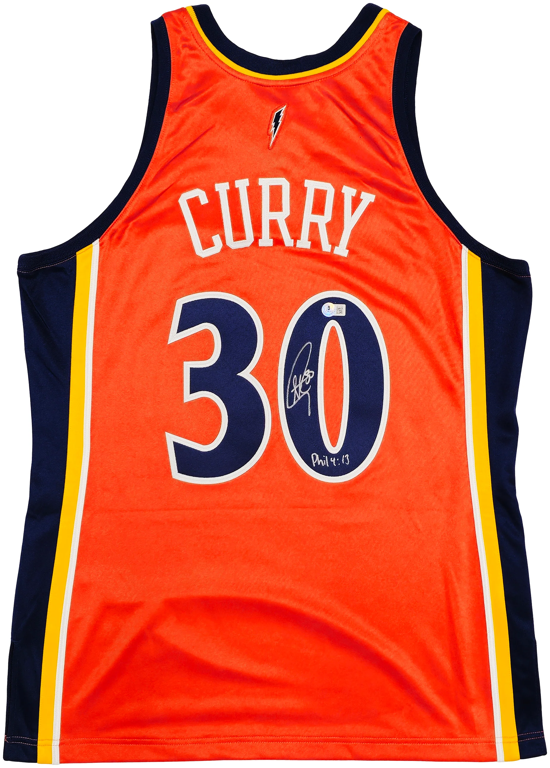 Golden State Warriors Stephen Curry Autographed Orange Authentic Mitchell & Ness 2009-10 HWC Authentic Rookie Jersey Size 44 "Bible Verse" Beckett BAS QR Stock #234958 - Image 2