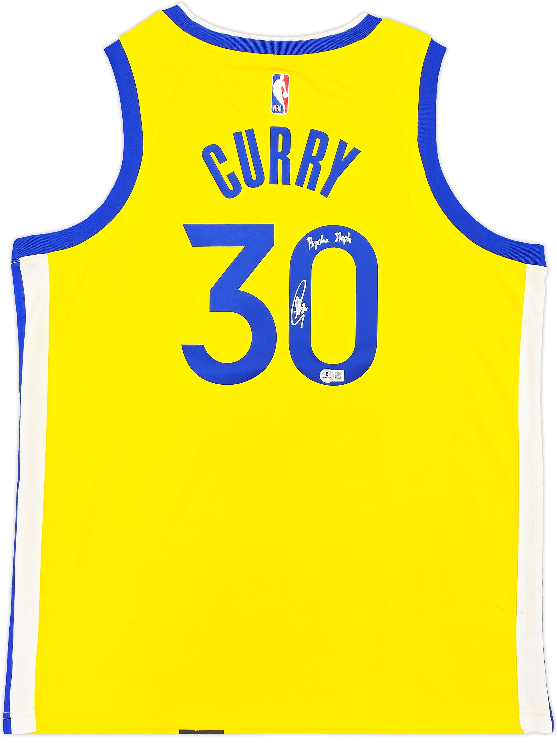 Golden State Warriors Stephen Curry Autographed Yellow Nike Swingman Jersey Size 48 "Psycho Steph" Beckett BAS QR Stock #234963 - Image 2