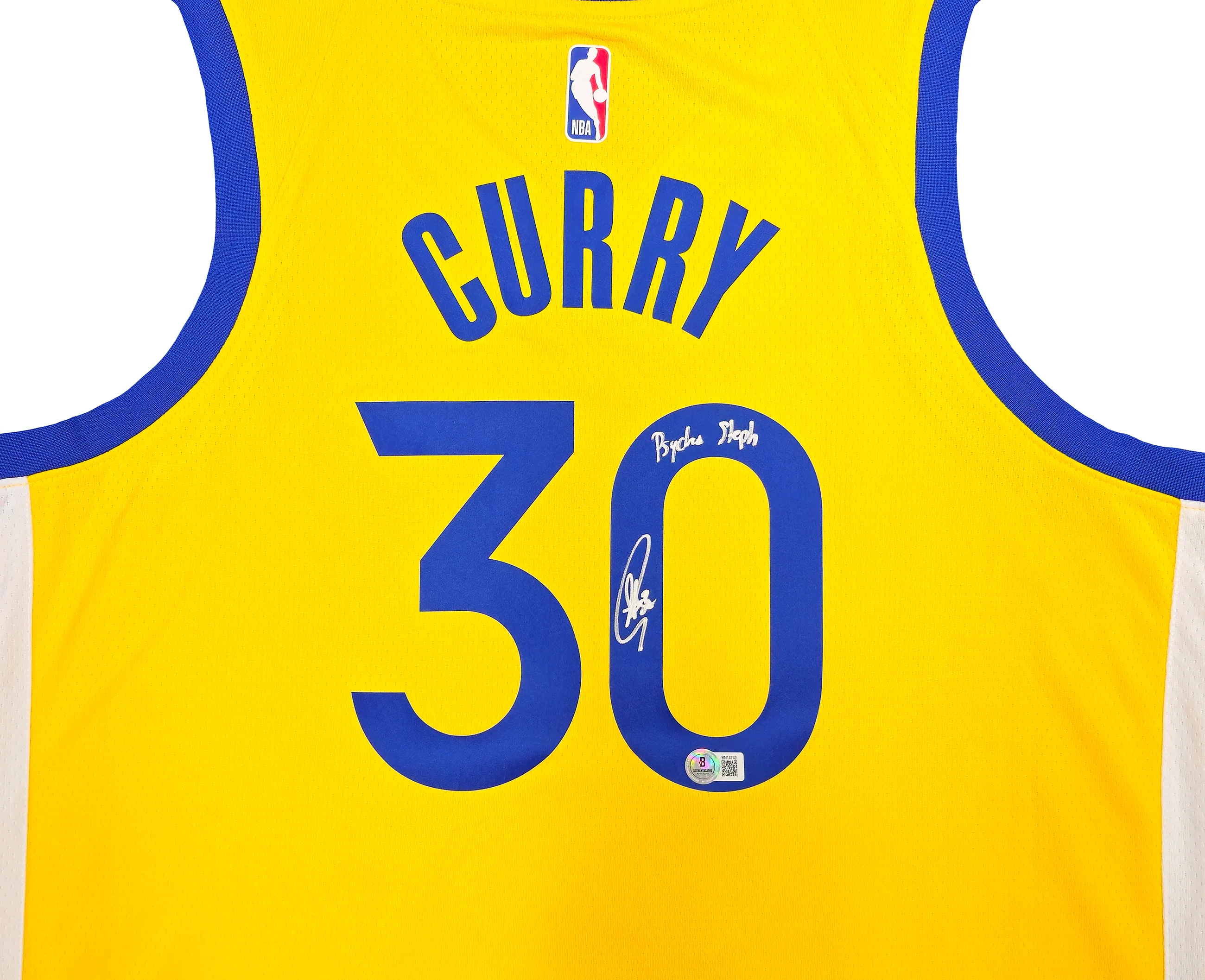Golden State Warriors Stephen Curry Autographed Yellow Nike Swingman Jersey Size 48 "Psycho Steph" Beckett BAS QR Stock #234963 - Image 3