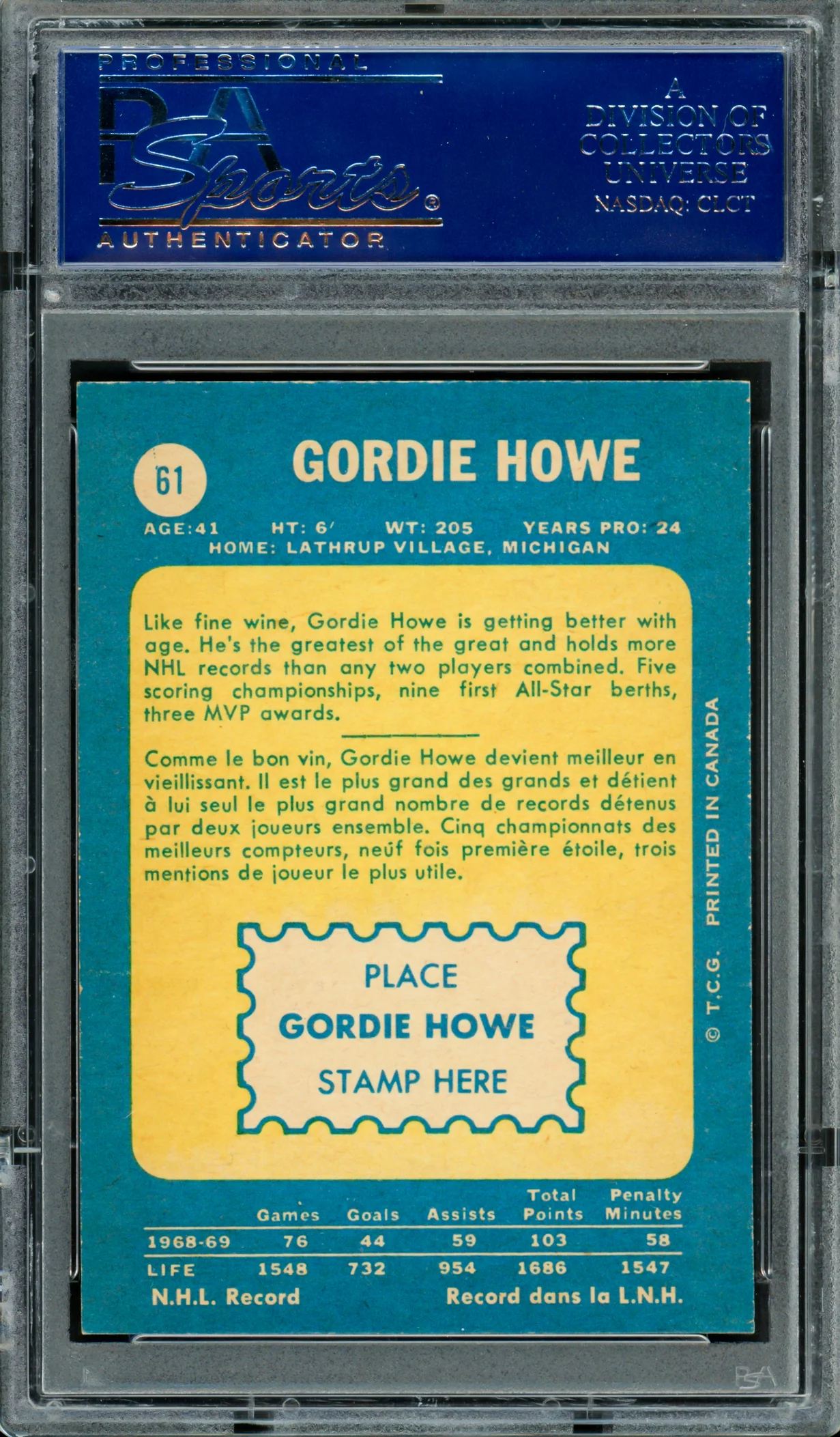Gordie Howe Autographed 1969-70 O-Pee-Chee Card #61 Detroit Red Wings PSA/DNA #83300624 - Image 2