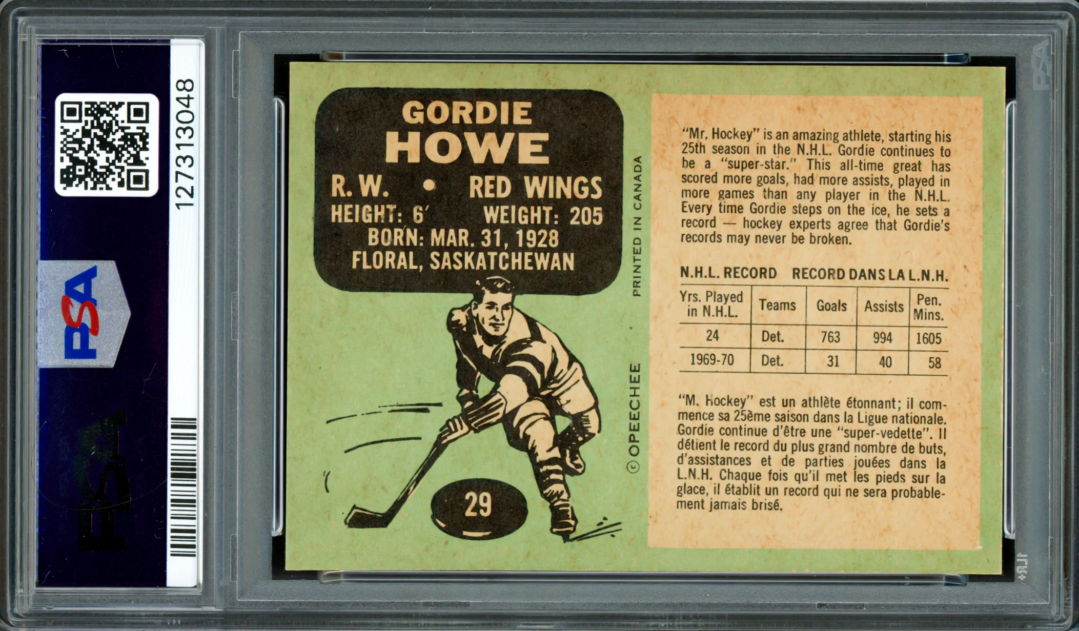 Gordie Howe Autographed 1970 O-Pee-Chee Card #29 Detroit Red Wings PSA 8 Auto Grade Gem Mint 10 PSA/DNA #127313048 - Image 2