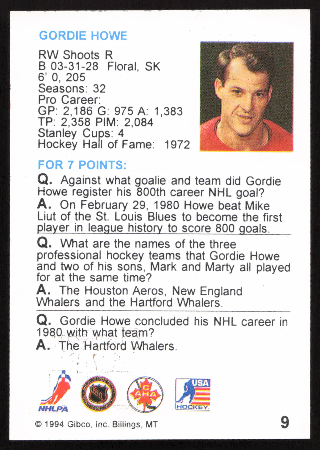 Gordie Howe Autographed 1994 Hockey Wit Card #9 Detroit Red Wings "Mr. Elbows HOF 72" SKU #259694 - Image 2