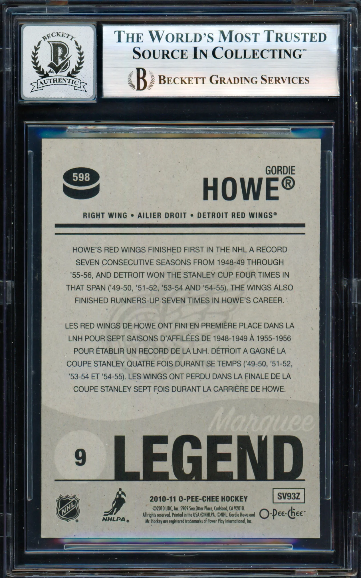 Gordie Howe Autographed 2010-11 O-Pee-Chee Marquee Card #598 Detroit Red Wings Auto Grade Gem Mint 10 Beckett BAS #19823365 - Image 2