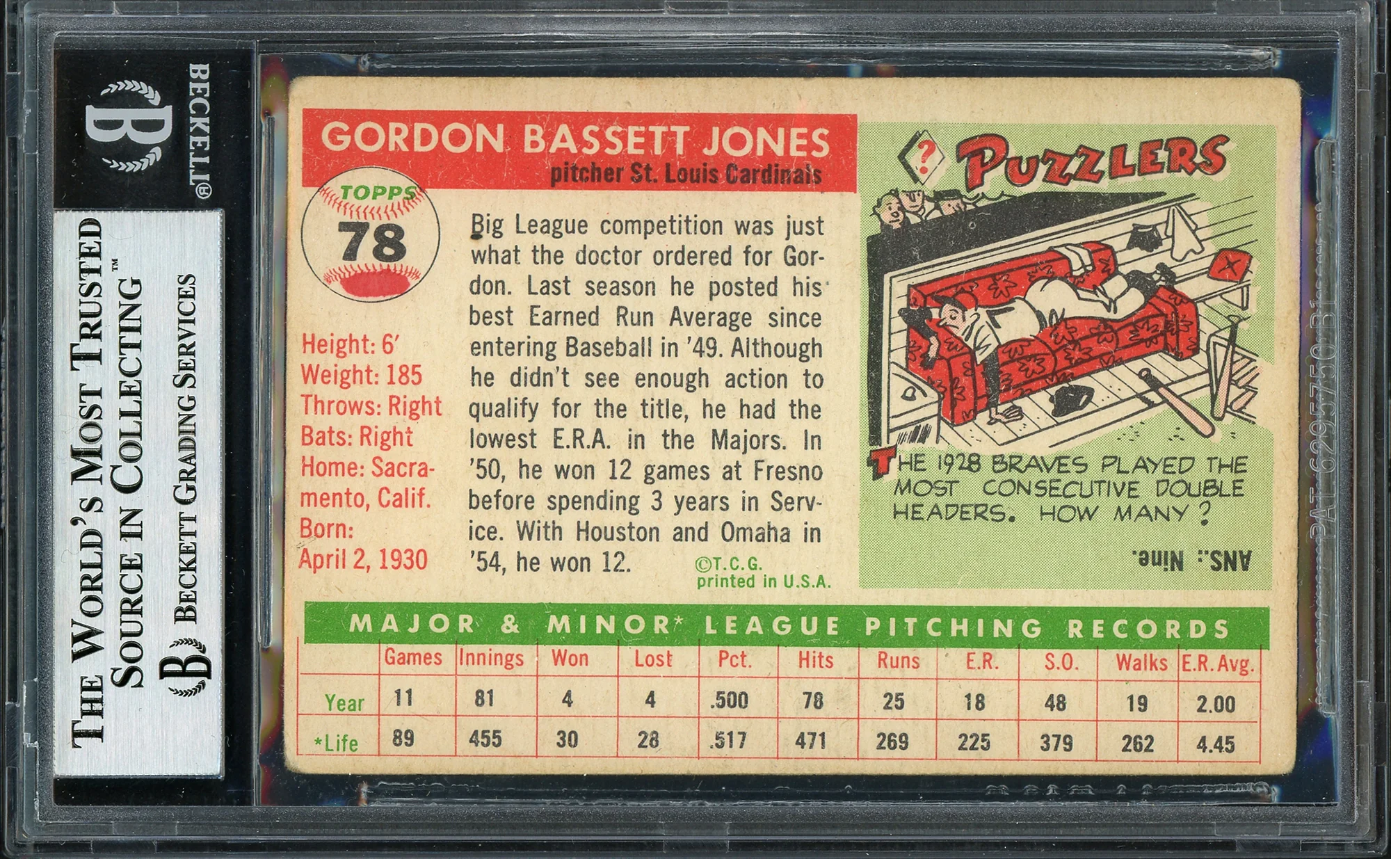 Gordon Jones Autographed 1955 Topps Rookie Card #78 St. Louis Cardinals Beckett BAS #12351501 - Image 2