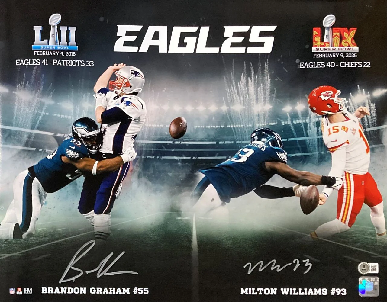 B Graham M Williams Signed 16x20 Eagles Super Bowl Strip Sack Collage Photo BAS