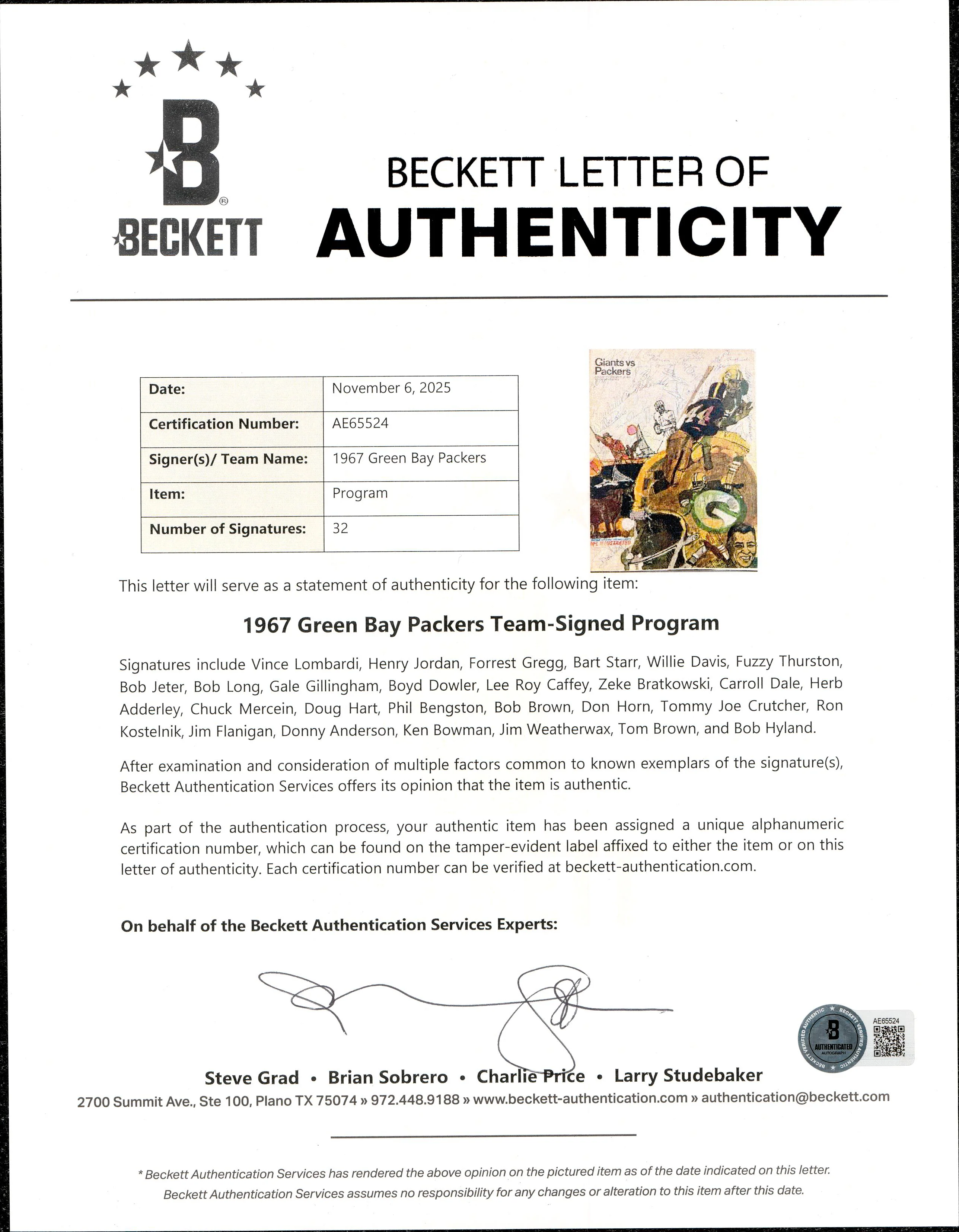 Green Bay Packers Autographed 1967 NFL Illustrated Program With 32 Signatures Including Vince Lombardi Beckett BAS #AE65524 - Image 5