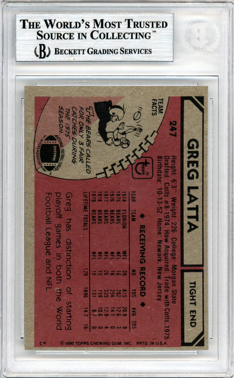 Greg Latta Autographed 1980 Topps Card #247 Chicago Bears Beckett BAS #10447559 - Image 2