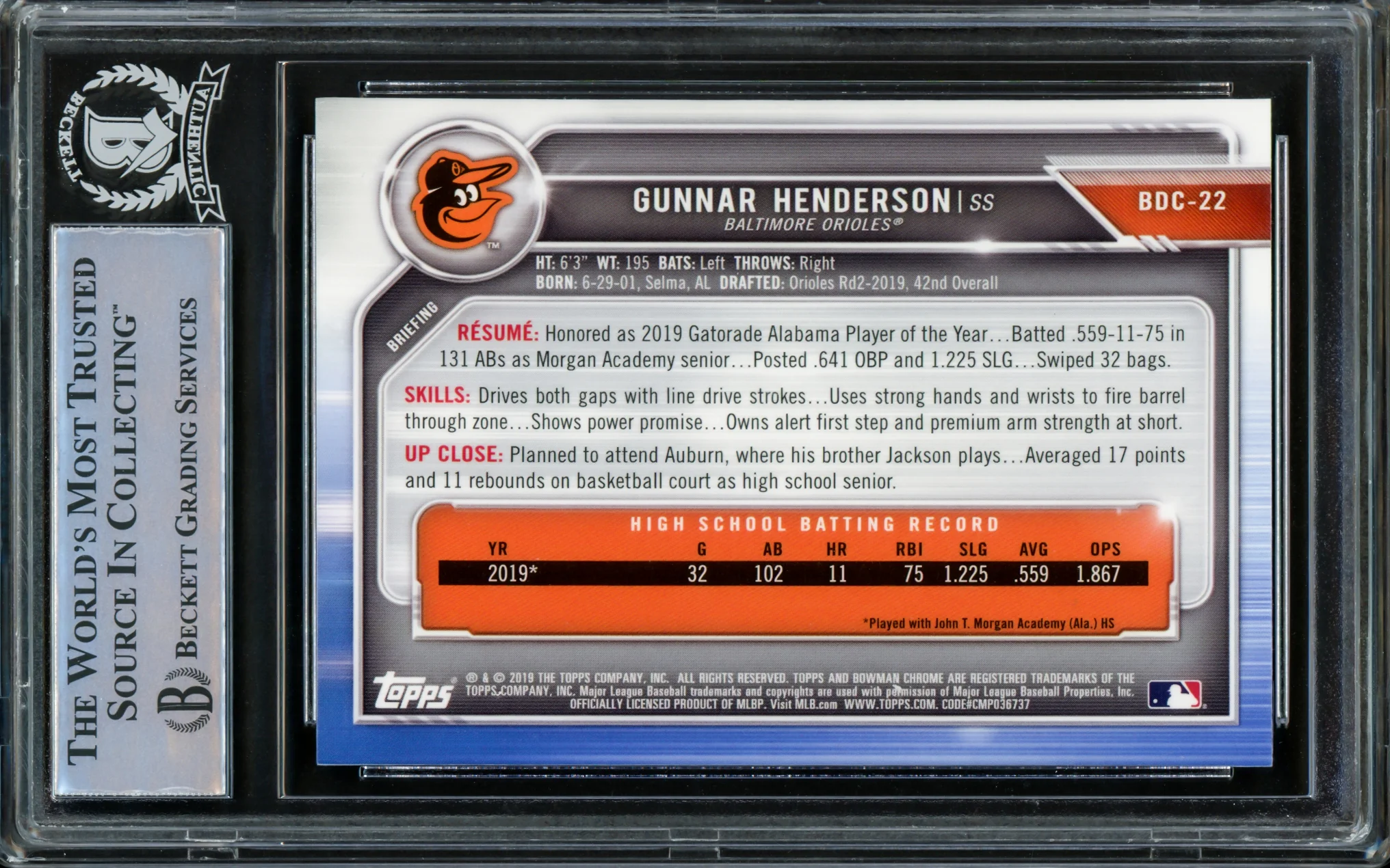 Gunnar Henderson Autographed 2019 Bowman Draft Chrome Rookie Card #BDC-22 Baltimore Orioles "1st HR 8/31/22" Beckett BAS Stock #210839 - Image 2