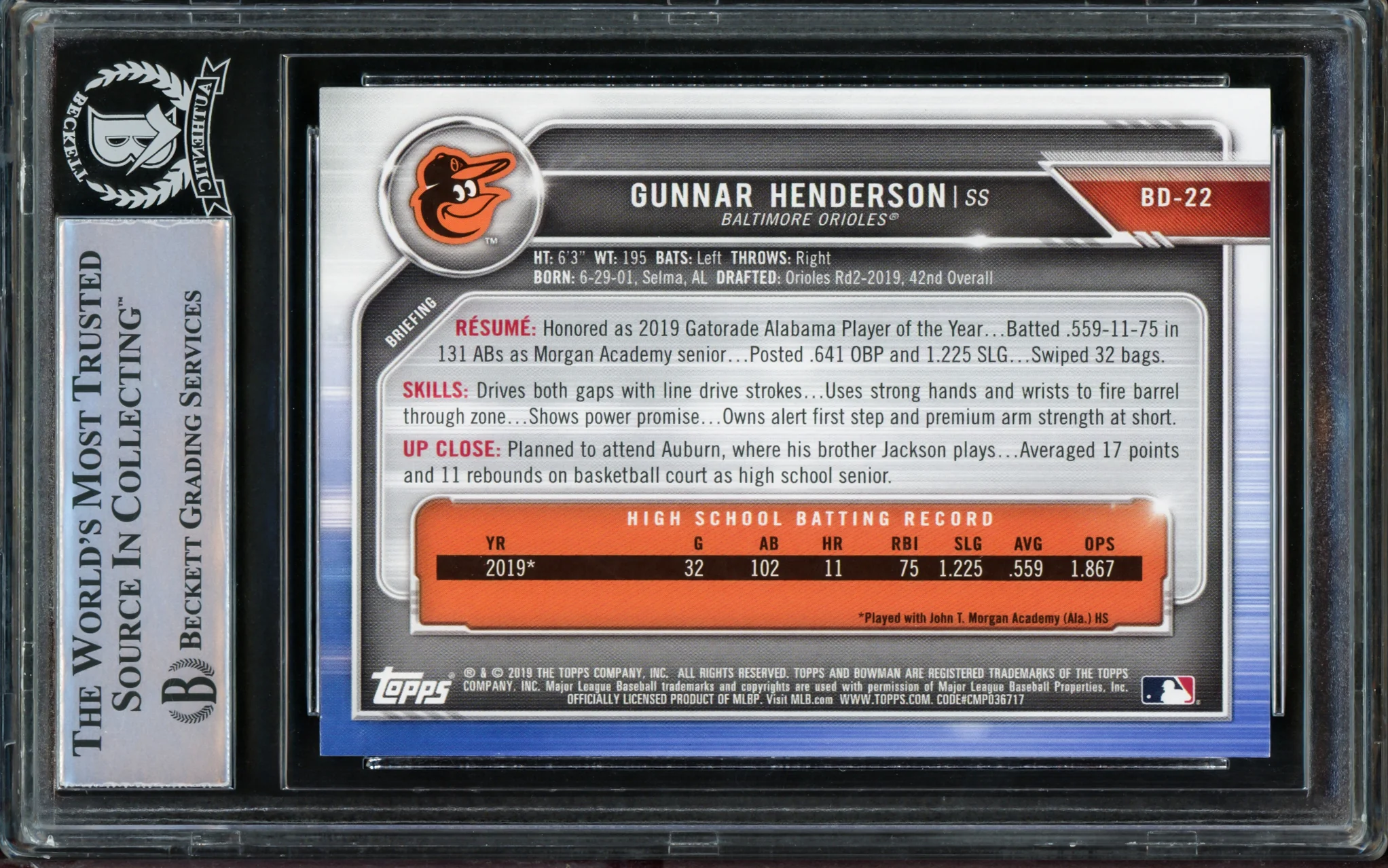 Gunnar Henderson Autographed 2019 Bowman Draft Rookie Card #BD-22 Baltimore Orioles "1st HR 8/31/22" Beckett BAS Stock #210836 - Image 2