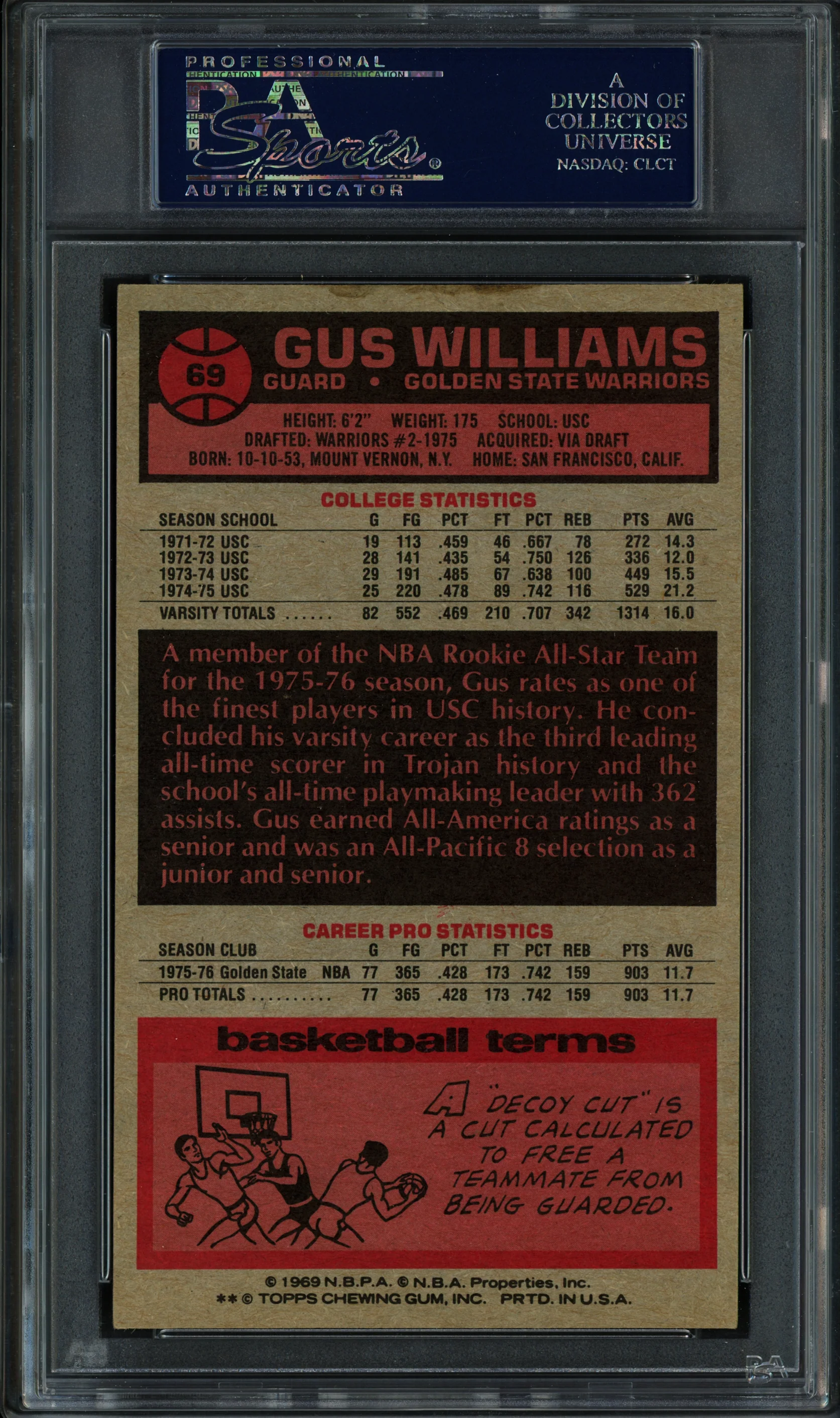 Gus Williams Autographed 1976-77 Topps Rookie Card #69 Golden State Warriors PSA/DNA #83921890 - Image 2