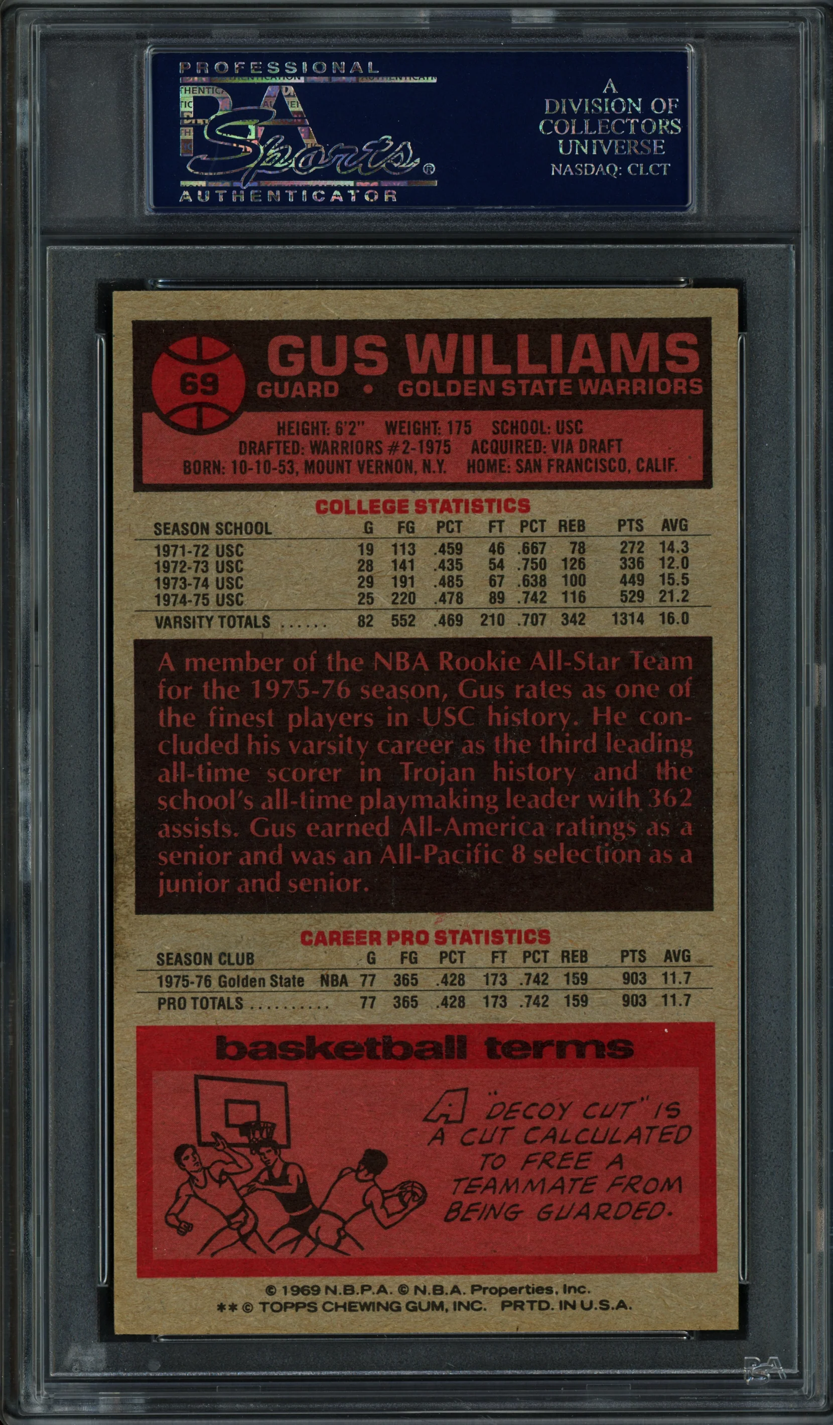 Gus Williams Autographed 1976-77 Topps Rookie Card #69 Golden State Warriors PSA/DNA #83921891 - Image 2