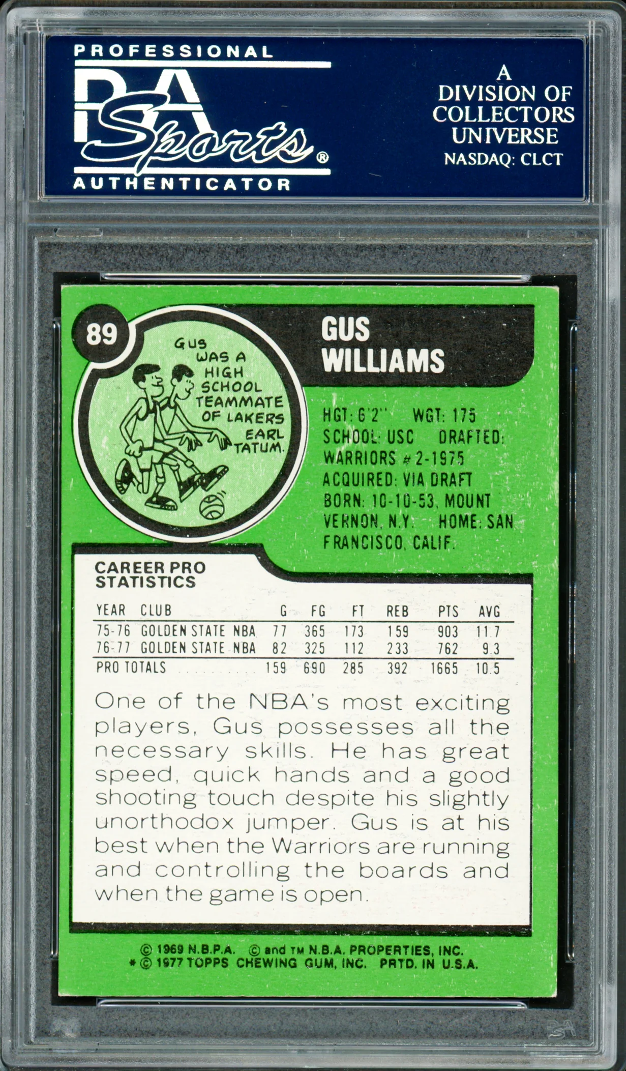 Gus Williams Autographed 1977-78 Topps Card #89 Golden State Warriors PSA/DNA #83920813 - Image 2