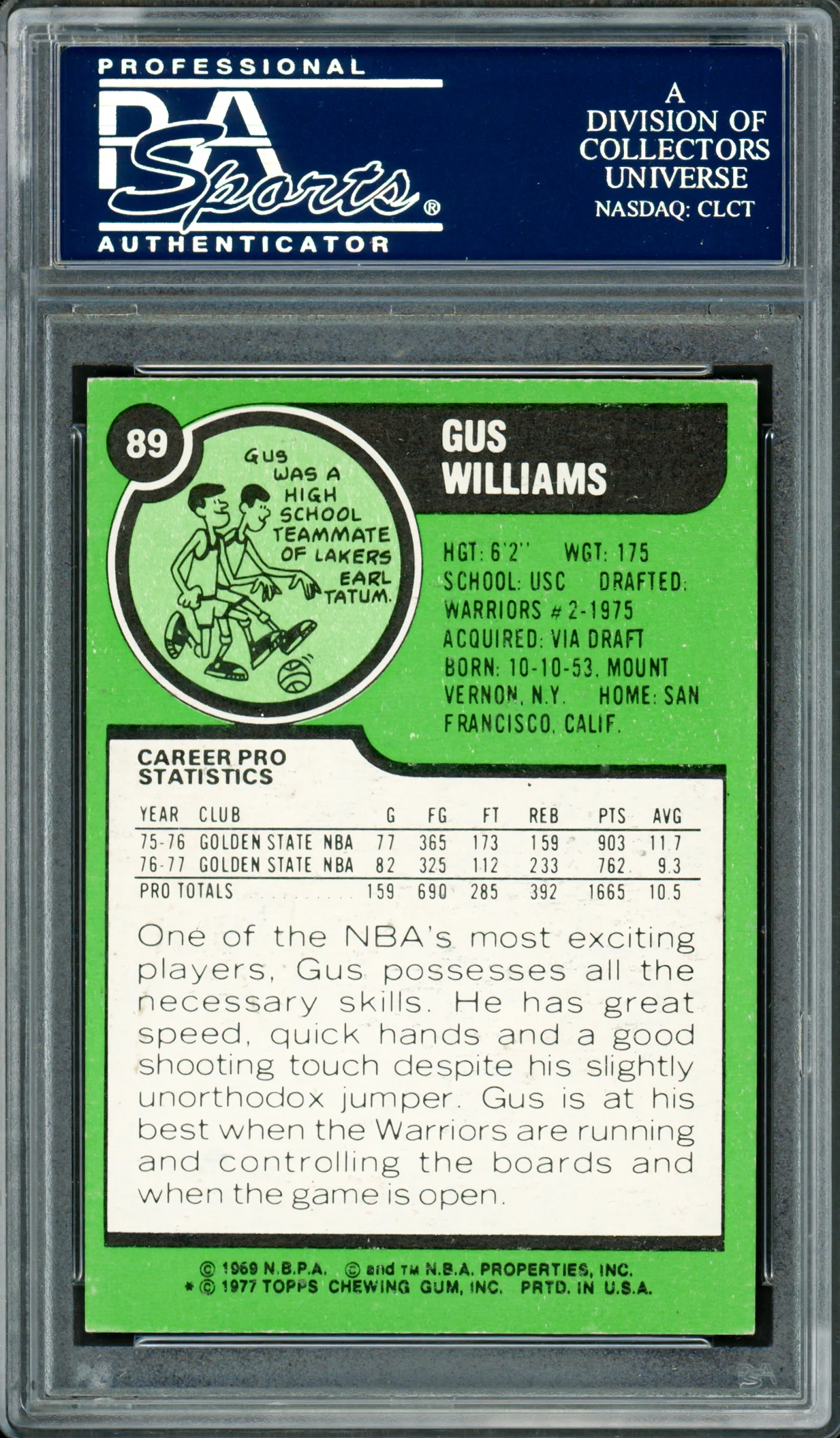 Gus Williams Autographed 1977-78 Topps Card #89 Golden State Warriors PSA/DNA #83920815 - Image 2