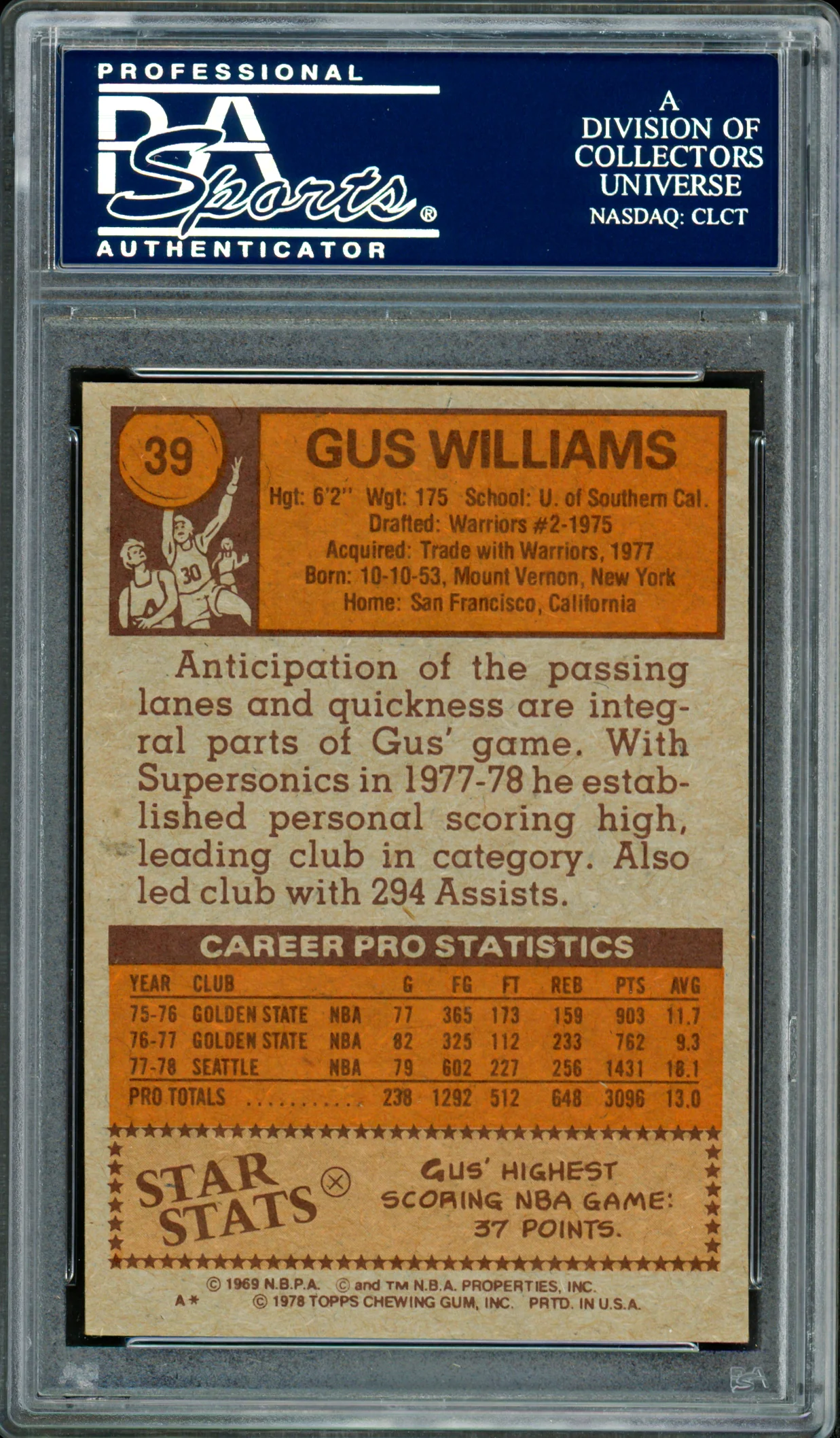 Gus Williams Autographed 1978-79 Topps Card #39 Seattle Supersonics PSA/DNA #83921003 - Image 2