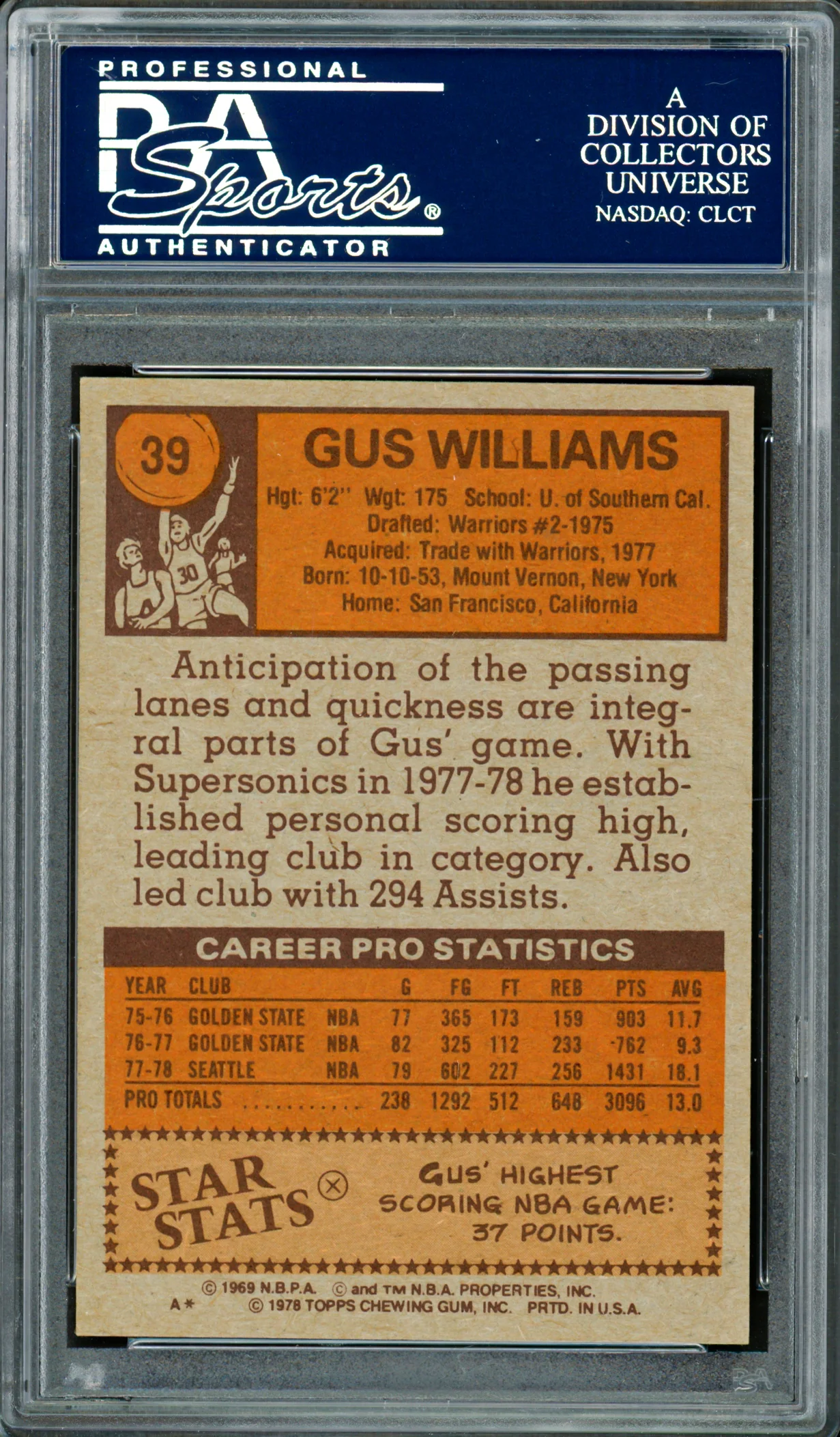 Gus Williams Autographed 1978-79 Topps Card #39 Seattle Supersonics PSA/DNA #83921004 - Image 2