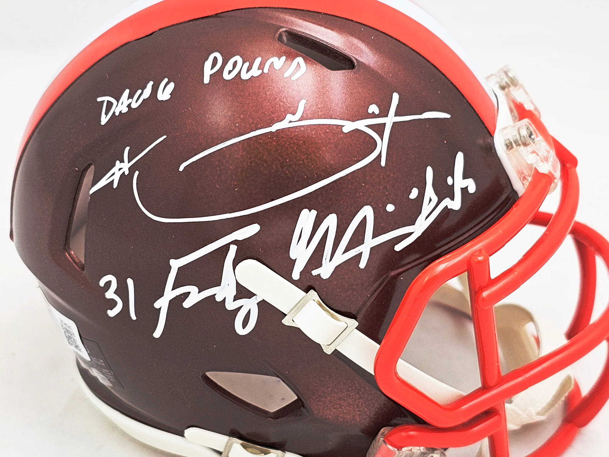 Hanford Dixon & Frank Minnifield Autographed Cleveland Browns Flash Brown Speed Mini Helmet "Dawg Pound" Beckett BAS Witness Stock #216720 - Image 2