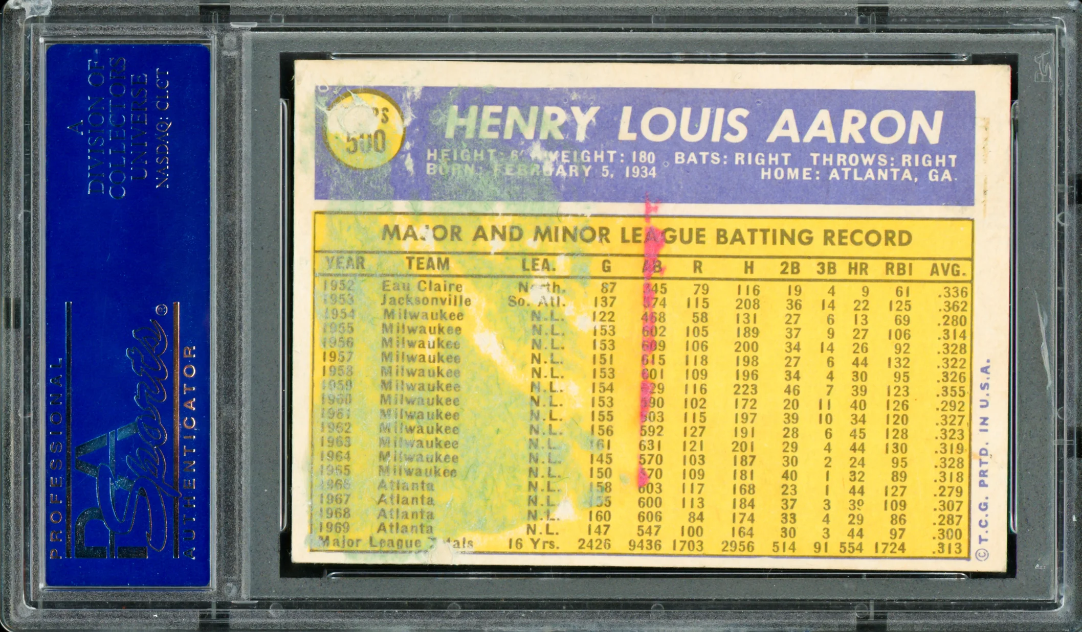 Hank Aaron Autographed 1970 Topps Card #500 Atlanta Braves PSA/DNA #6512641 - Image 2