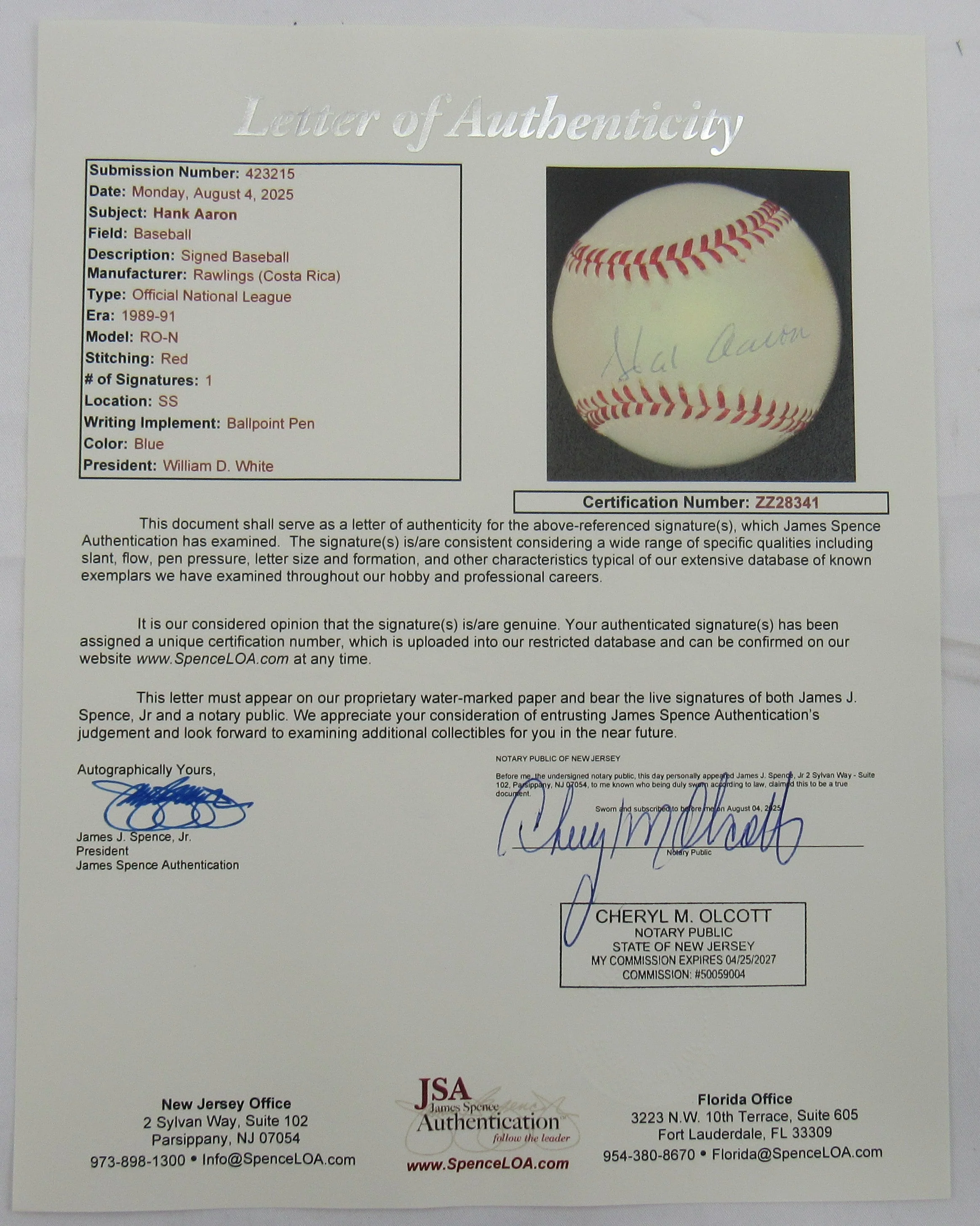 Hank Aaron Signed Auto Baseball JSA LOA ZZ28341 - Image 2