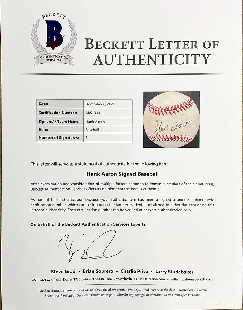 Hank Aaron Signed Milwaukee Braves National League Baseball BAS LOA AB51344 - Image 4