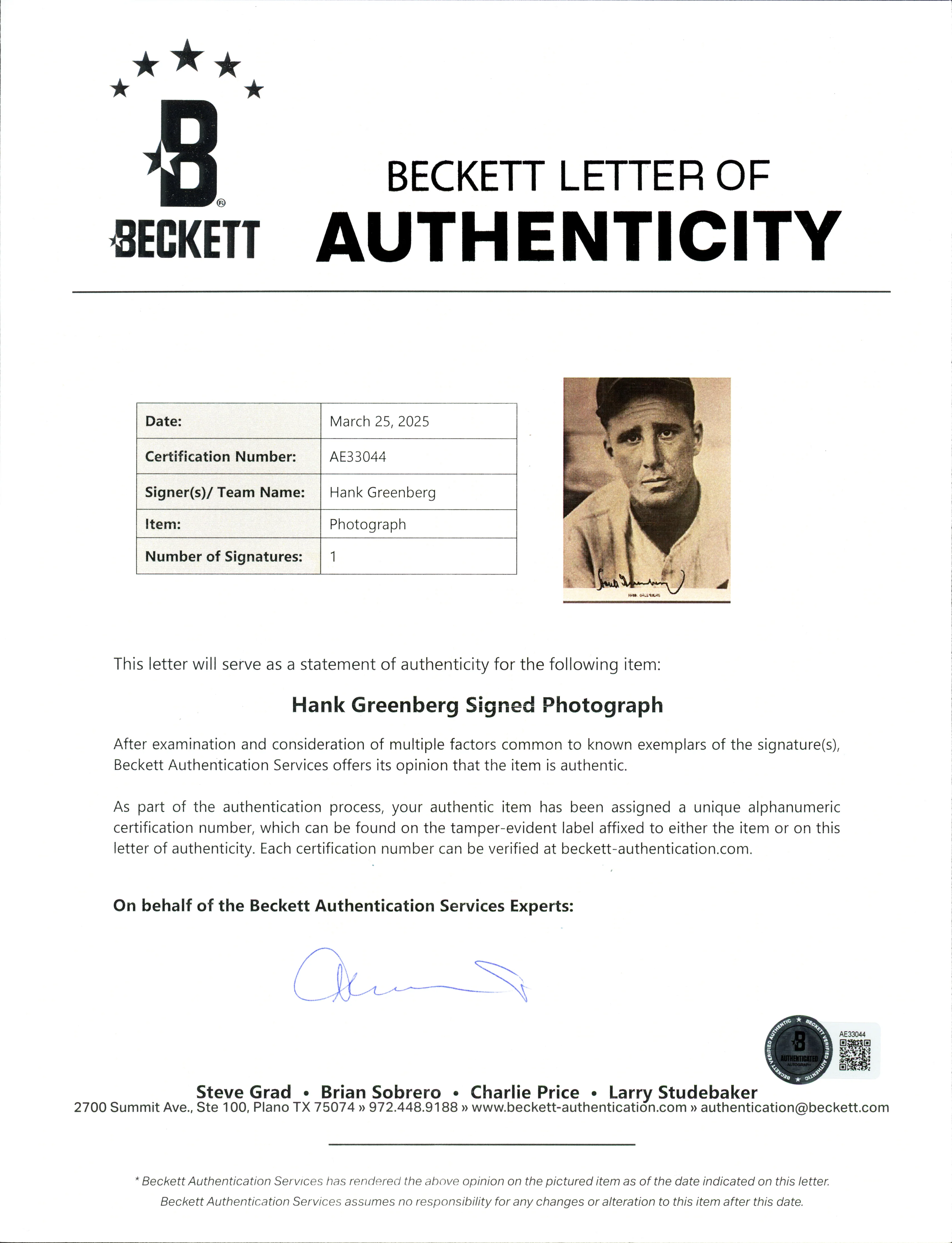 Hank Greenberg Autographed 8x10 Photo Detroit Tigers Beckett BAS #AE33044 - Image 2