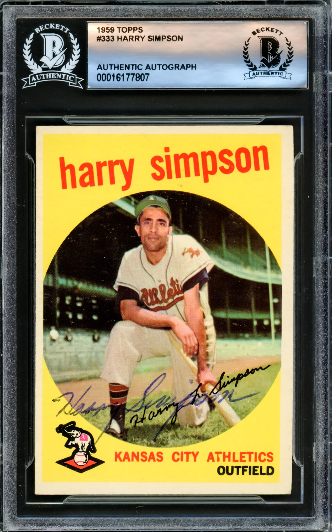 Harry Simpson Autographed 1959 Topps Card #333 Kansas City A's Beckett BAS #16177807