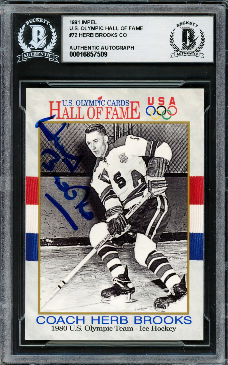 Herb Brooks Autographed 1991 Impel Card #72 1980 Team USA Beckett BAS Stock #234384