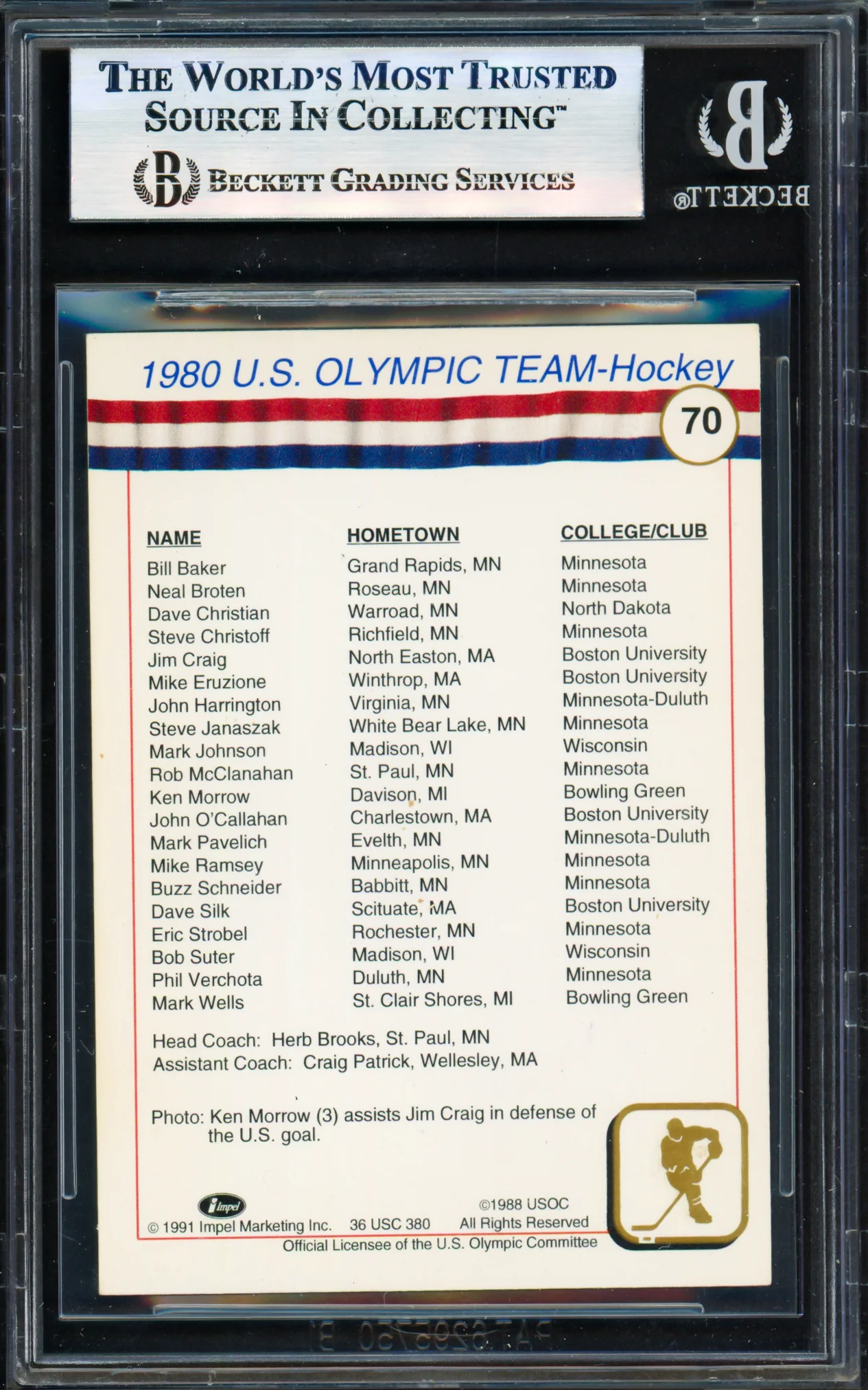 Herb Brooks Autographed 1991 Impel Olympics Card #70 1980 Team USA Beckett BAS #17830834 - Image 2