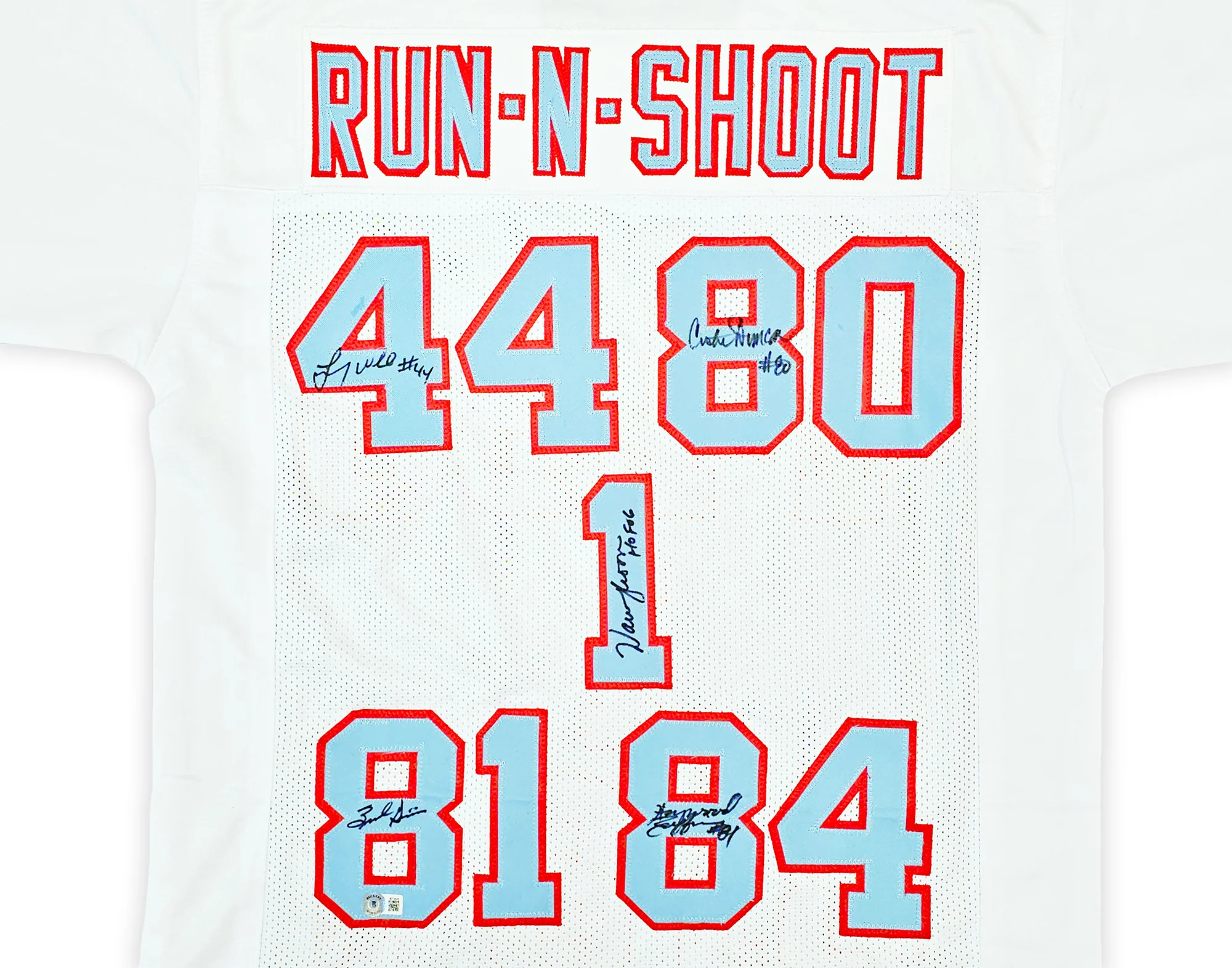 Houston Oilers Run & Shoot Autographed White Jersey With 5 Signatures Including Warren Moon Beckett BAS Witness Stock #220385 - Image 2