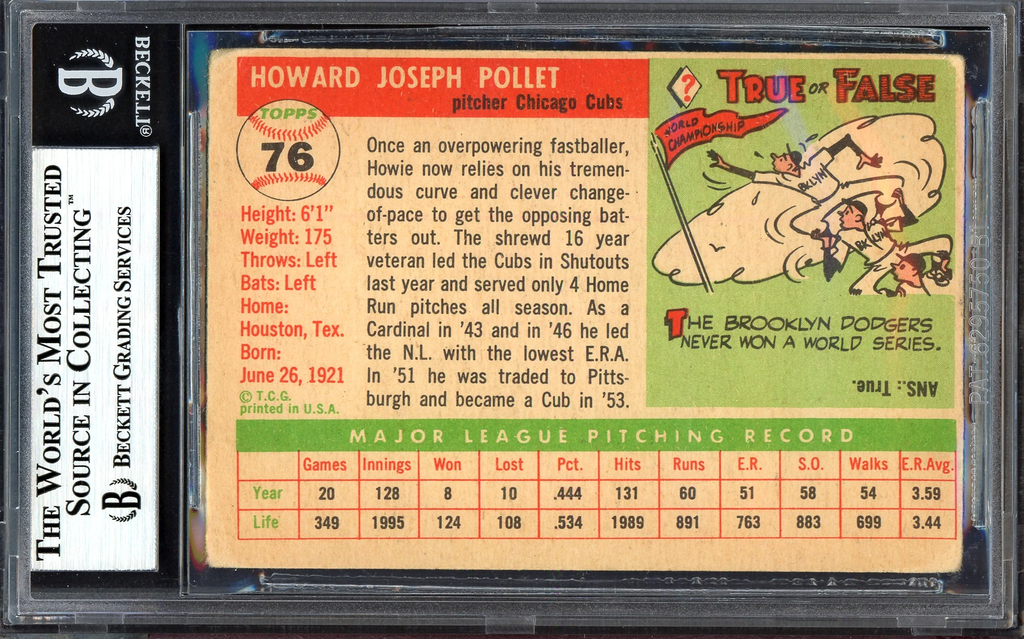 Howie Pollet Autographed 1955 Topps Card #76 Chicago Cubs Beckett BAS #13610048 - Image 2