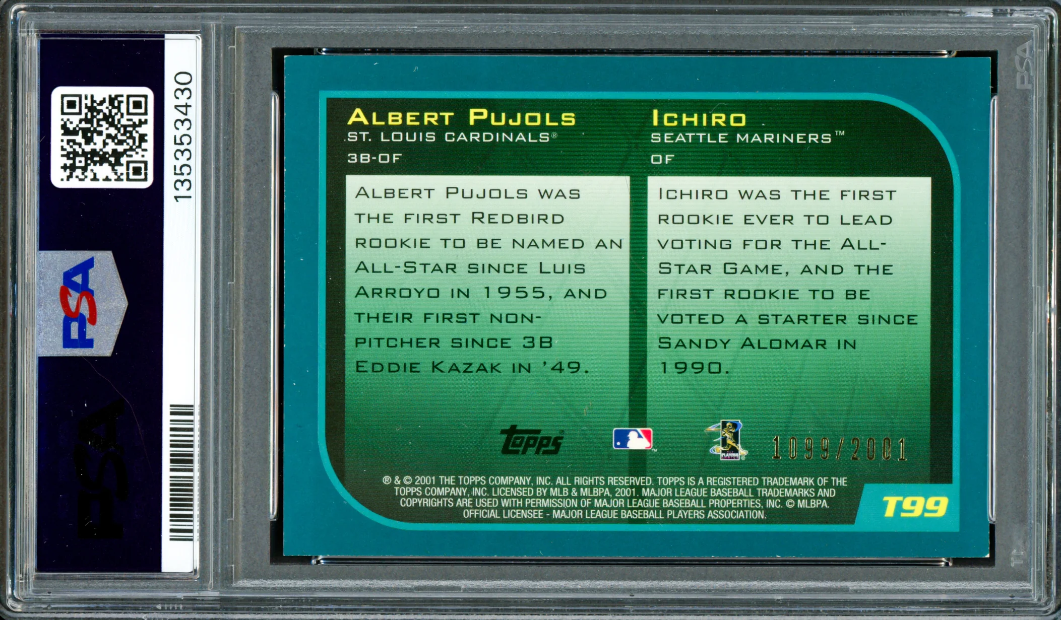 Ichiro Suzuki & Albert Pujols Autographed 2001 Topps Traded Gold Rookie Card #T99 Auto Grade Gem Mint 10 "01 ROY" #1099/2001 PSA/DNA #135353430 - Image 2