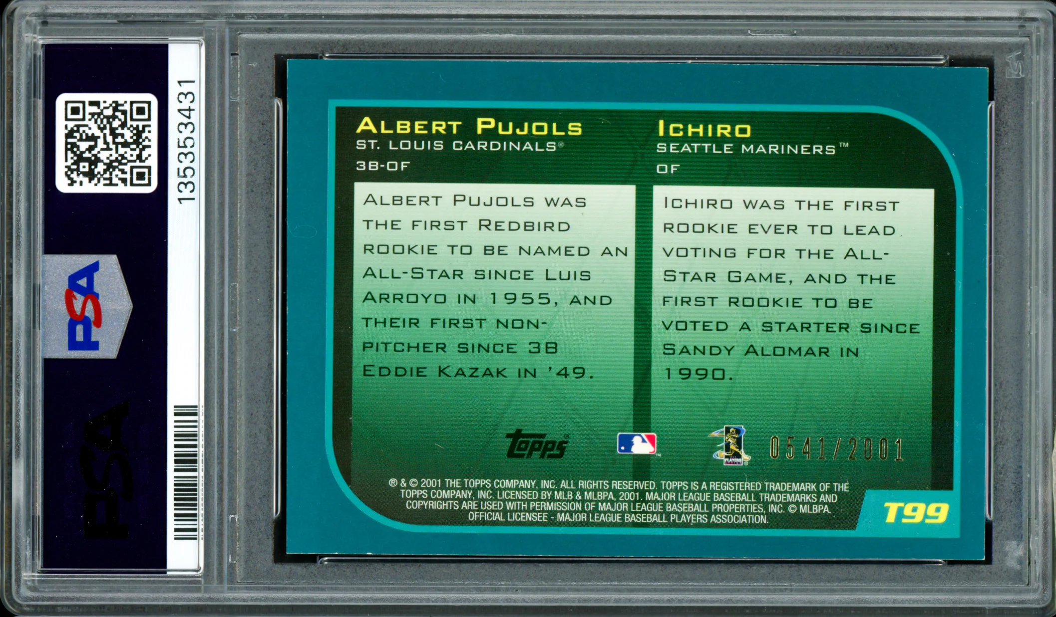 Ichiro Suzuki & Albert Pujols Autographed 2001 Topps Traded Gold Rookie Card #T99 Auto Grade Gem Mint 10 "01 ROY" #541/2001 PSA/DNA #135353431 - Image 2