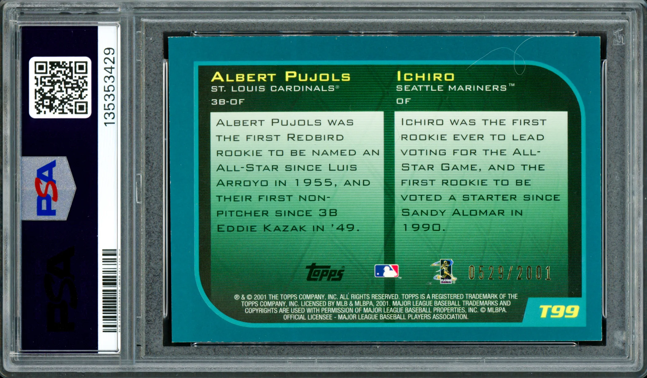 Ichiro Suzuki & Albert Pujols Autographed 2001 Topps Traded Gold Rookie Card #T99 PSA 7 Auto Grade Gem Mint 10 "01 ROY" #529/2001 PSA/DNA #135353429 - Image 2