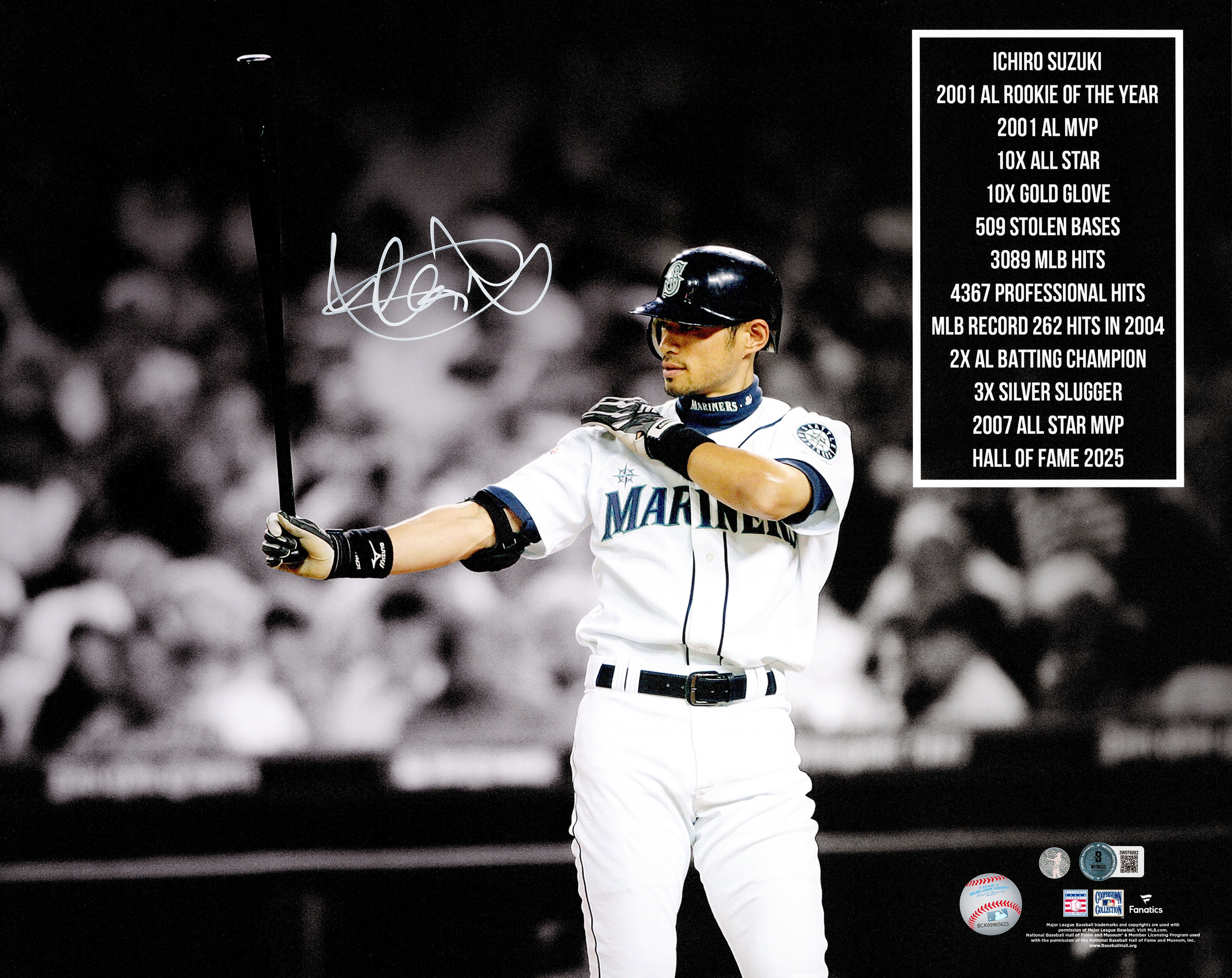 Ichiro Suzuki Autographed 16x20 Photo Seattle Mariners Stats IS Holo & Beckett BAS Witness Stock #246191
