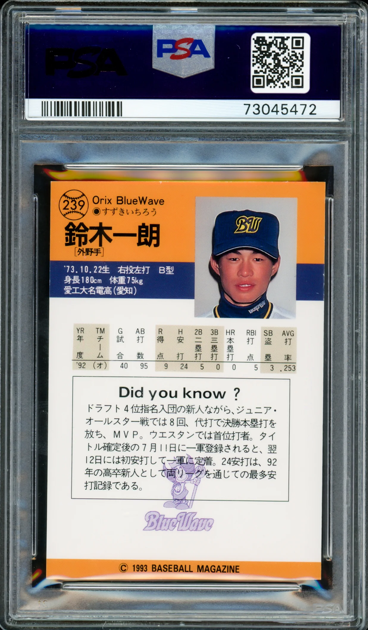 Ichiro Suzuki Autographed 1993 BBM Rookie Card #239 Orix Blue Wave PSA 8 Auto Grade Gem Mint 10 Signed In Kanji PSA/DNA #73045472 - Image 2