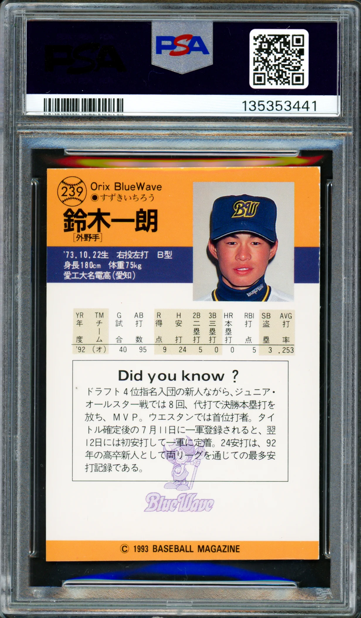 Ichiro Suzuki Autographed 1993 BBM Rookie Card #239 Seattle Mariners PSA 7 Auto Grade Gem Mint 10 "#51" Signed In Kanji PSA/DNA #135353441 - Image 2