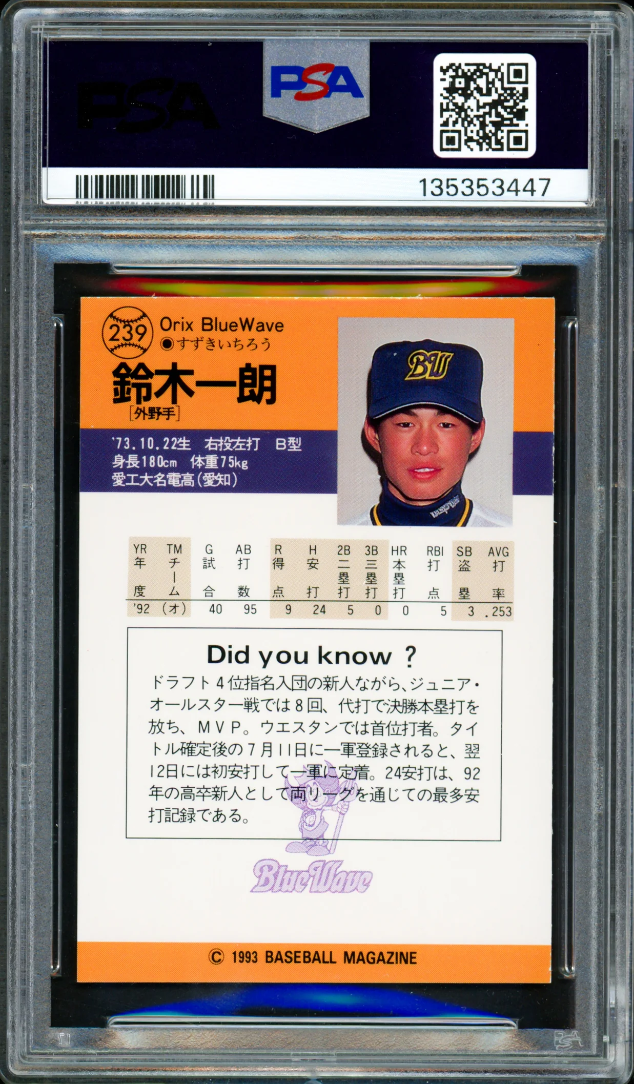 Ichiro Suzuki Autographed 1993 BBM Rookie Card #239 Seattle Mariners PSA 8 Auto Grade Gem Mint 10 "#51" Signed In Kanji PSA/DNA #135353447 - Image 2