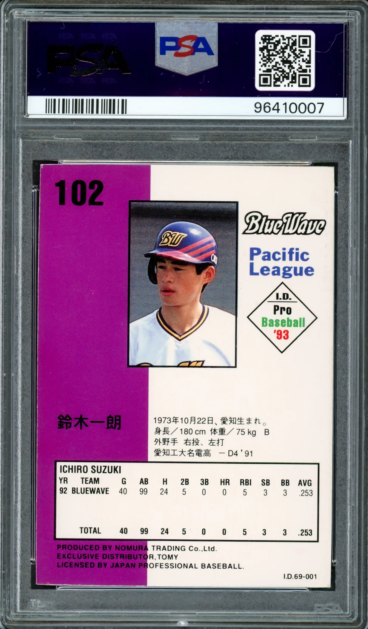 Ichiro Suzuki Autographed 1993 Tomy ID Rookie Card #102 Orix Blue Wave Auto Grade Gem Mint 10 Signed In Kanji PSA/DNA #96410007 - Image 2