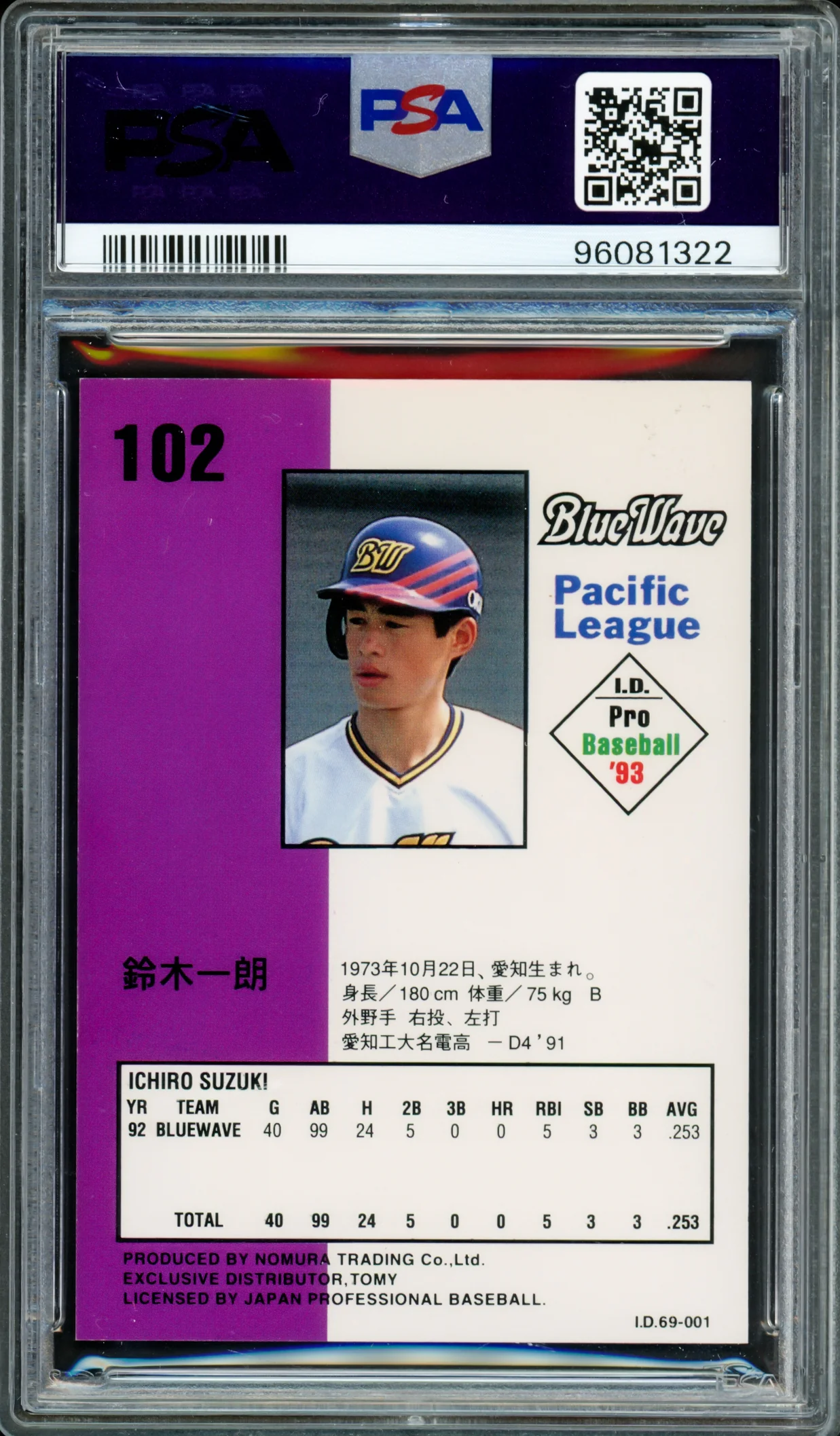 Ichiro Suzuki Autographed 1993 Tomy ID Rookie Card #102 Orix Blue Wave PSA 6 Auto Grade Gem Mint 10 Signed In Kanji PSA/DNA #96081322 - Image 2