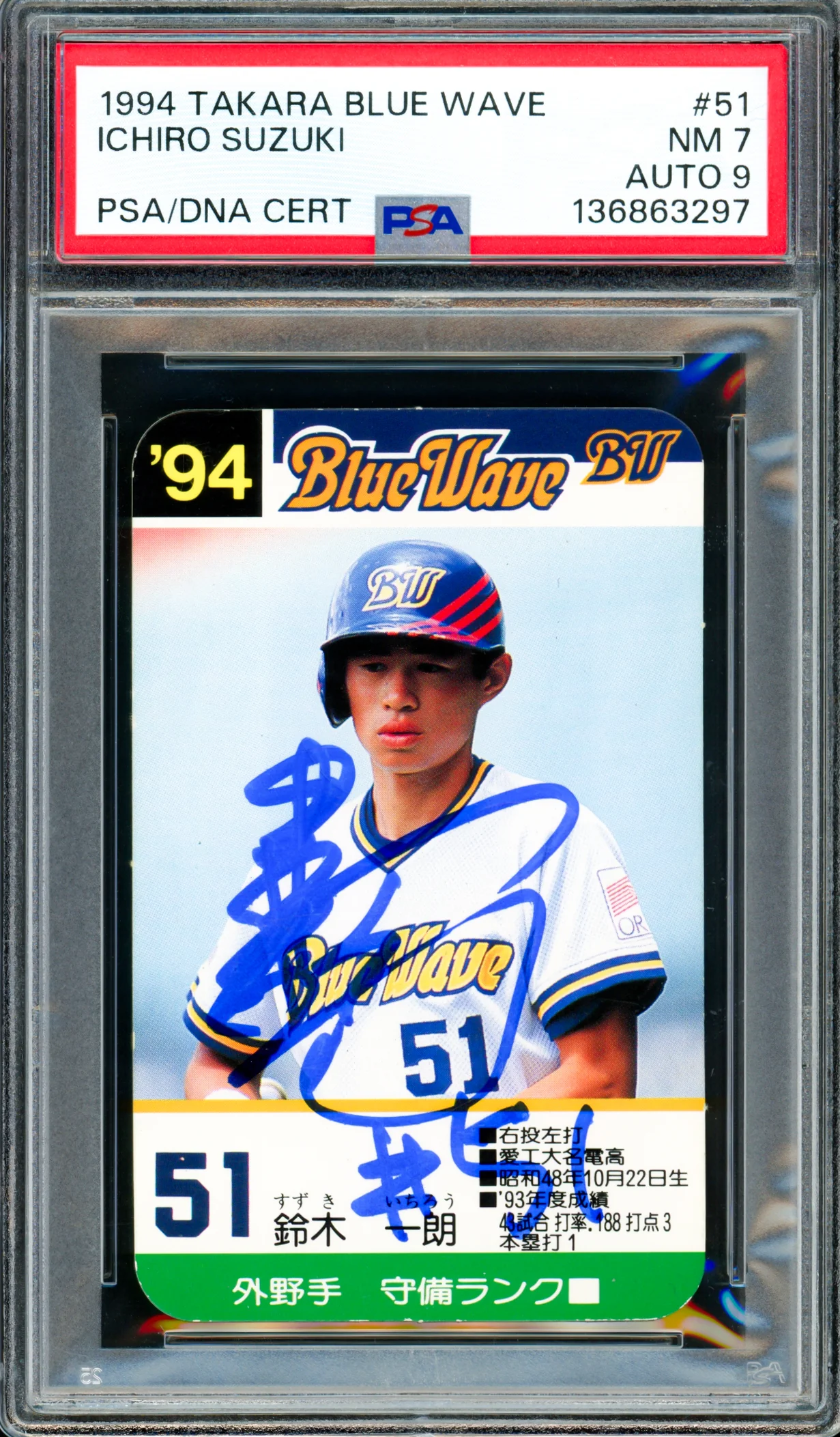 Ichiro Suzuki Autographed 1994 Takara Card #51 Orix Blue Wave PSA 7 Auto Grade Mint 9 "#51" In Kanji PSA/DNA #136863297