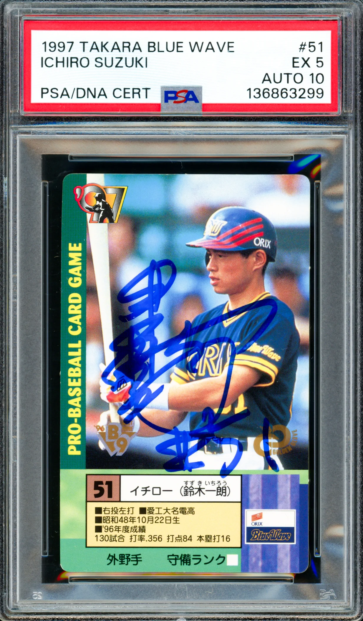 Ichiro Suzuki Autographed 1997 Takara Card #51 Orix Blue Wave PSA 5 Auto Grade Gem Mint 10 "#51" In Kanji PSA/DNA #136863299