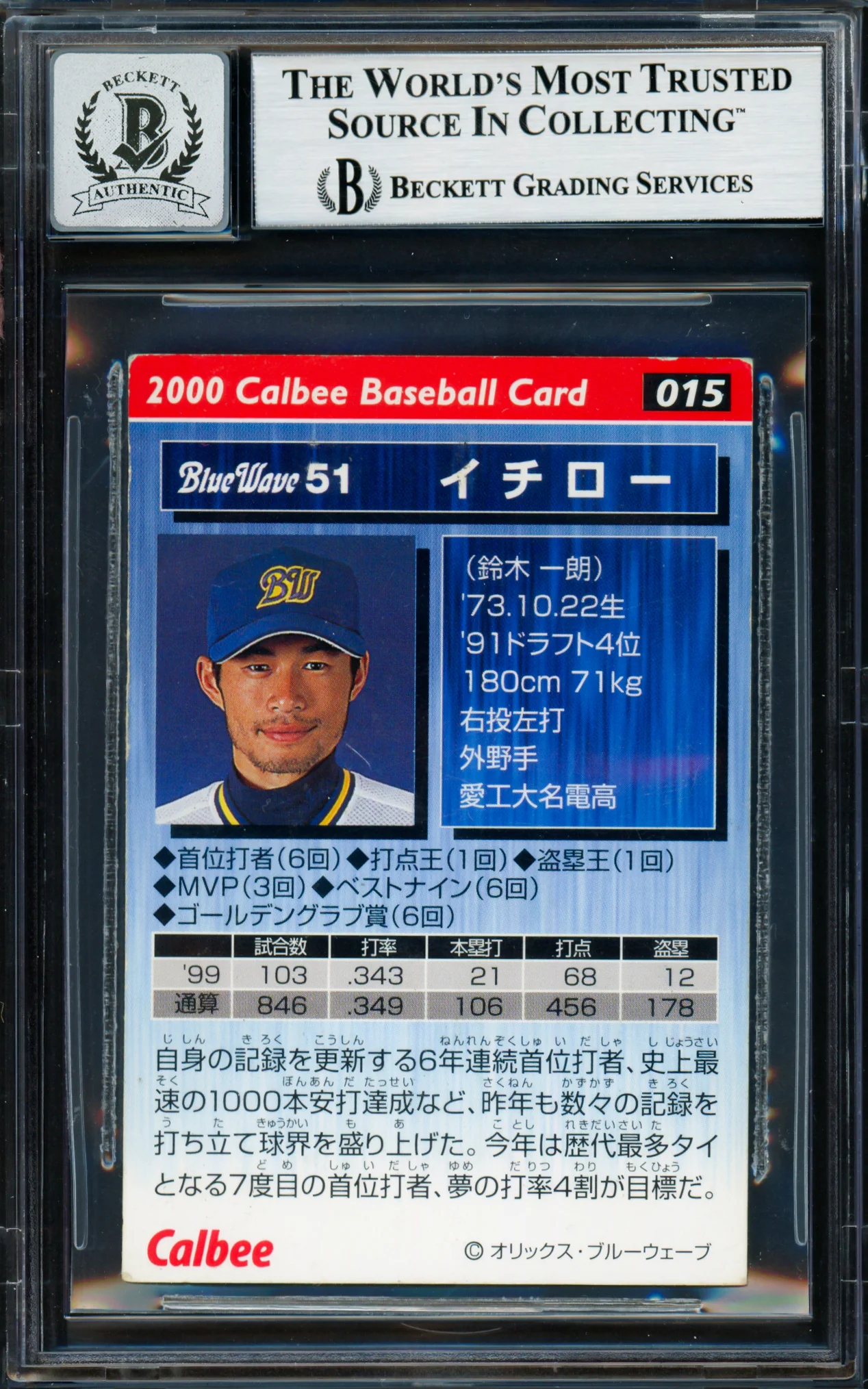 Ichiro Suzuki Autographed 2000 Calbee Card #15 Orix Blue Wave Auto Grade Gem Mint 10 Beckett BAS #18282900 - Image 2