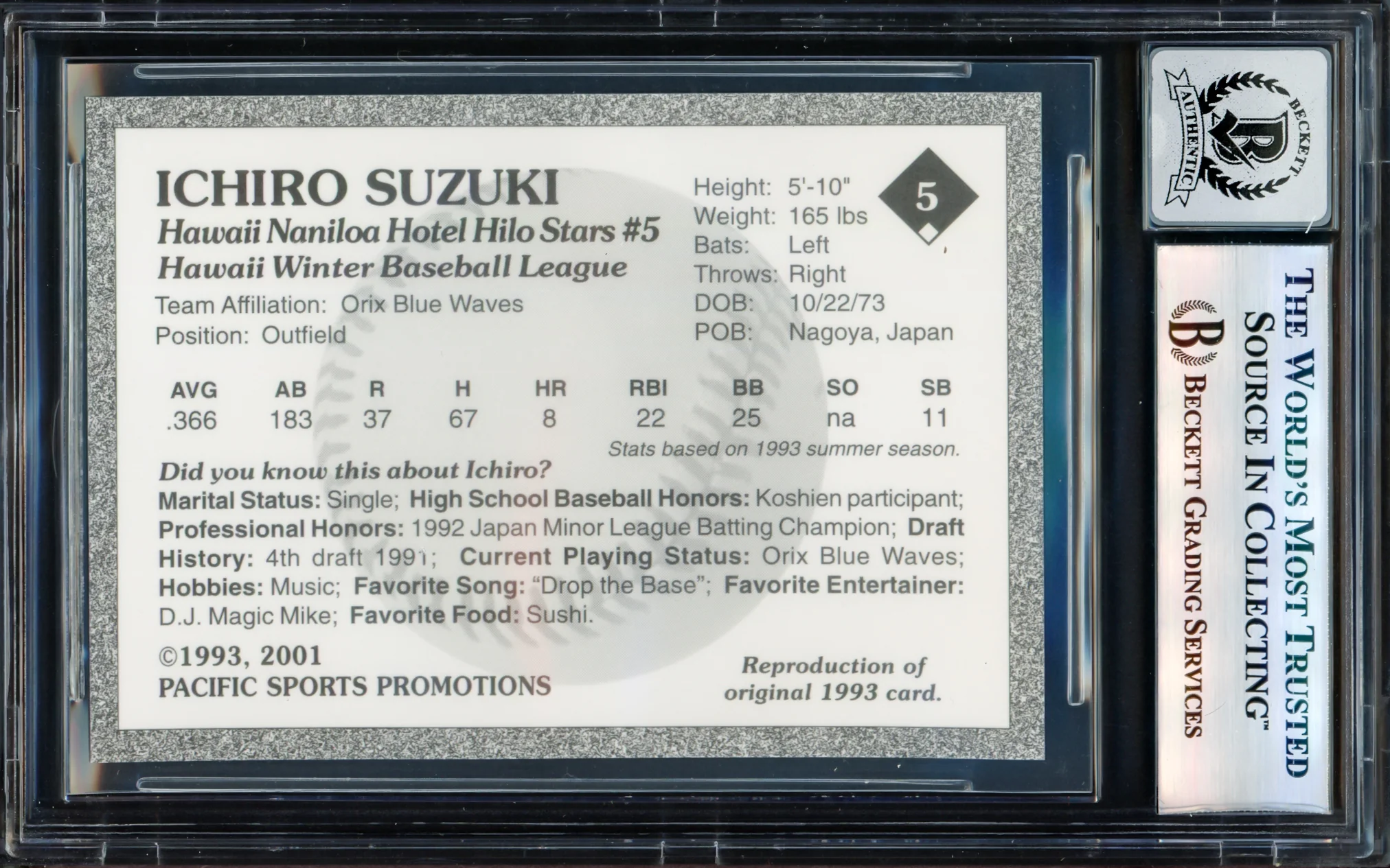Ichiro Suzuki Autographed 2001 1993 Hilo Stars Gold Sig Reproduction Card #5 Hilo Stars Auto Grade Gem Mint 10 (Signed in Kanji) Beckett BAS #17605320 - Image 2