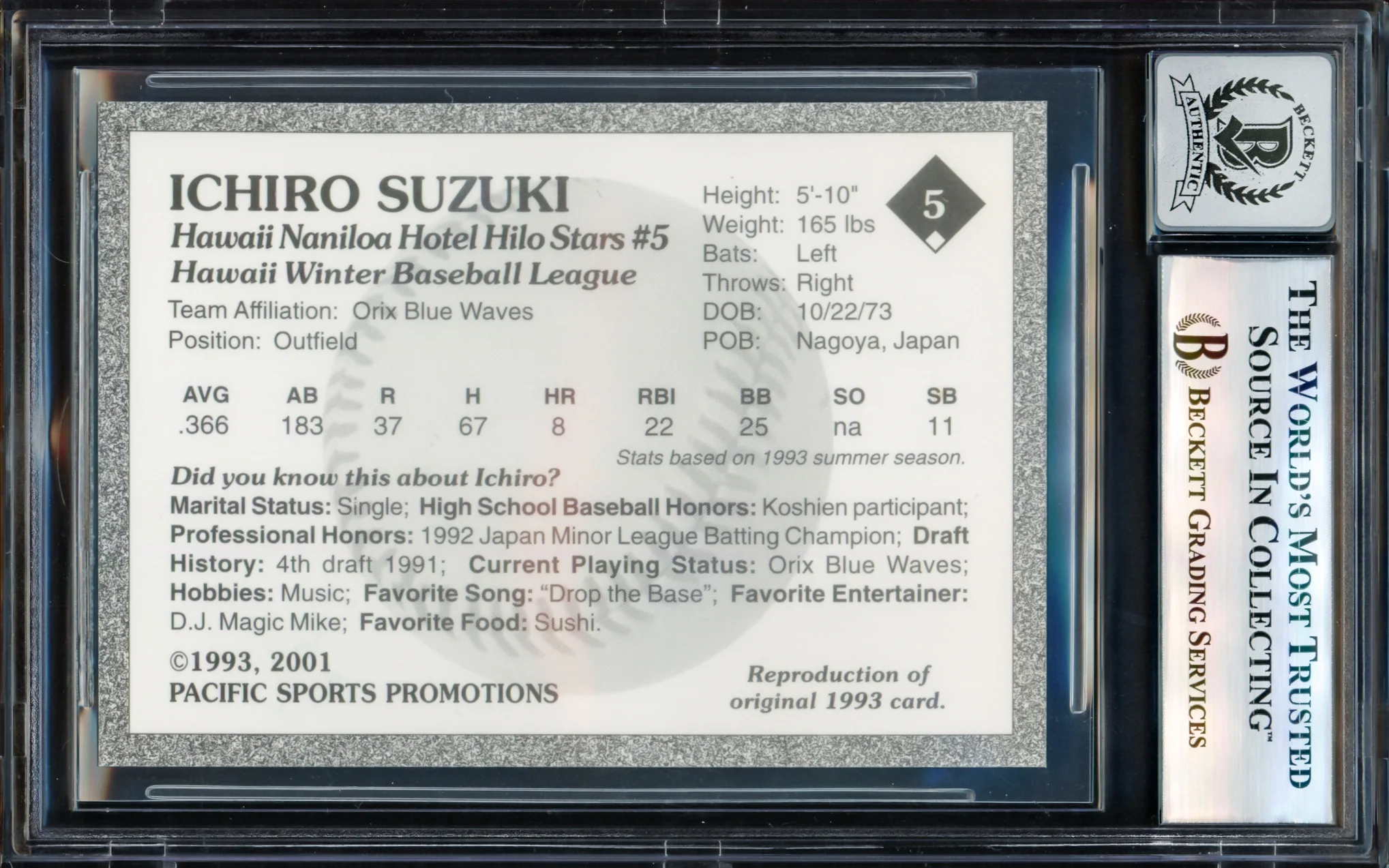 Ichiro Suzuki Autographed 2001 1993 Hilo Stars Reproduction Card #5 Hilo Stars Auto Grade Gem Mint 10 (Signed in Kanji) Beckett BAS #17605323 - Image 2