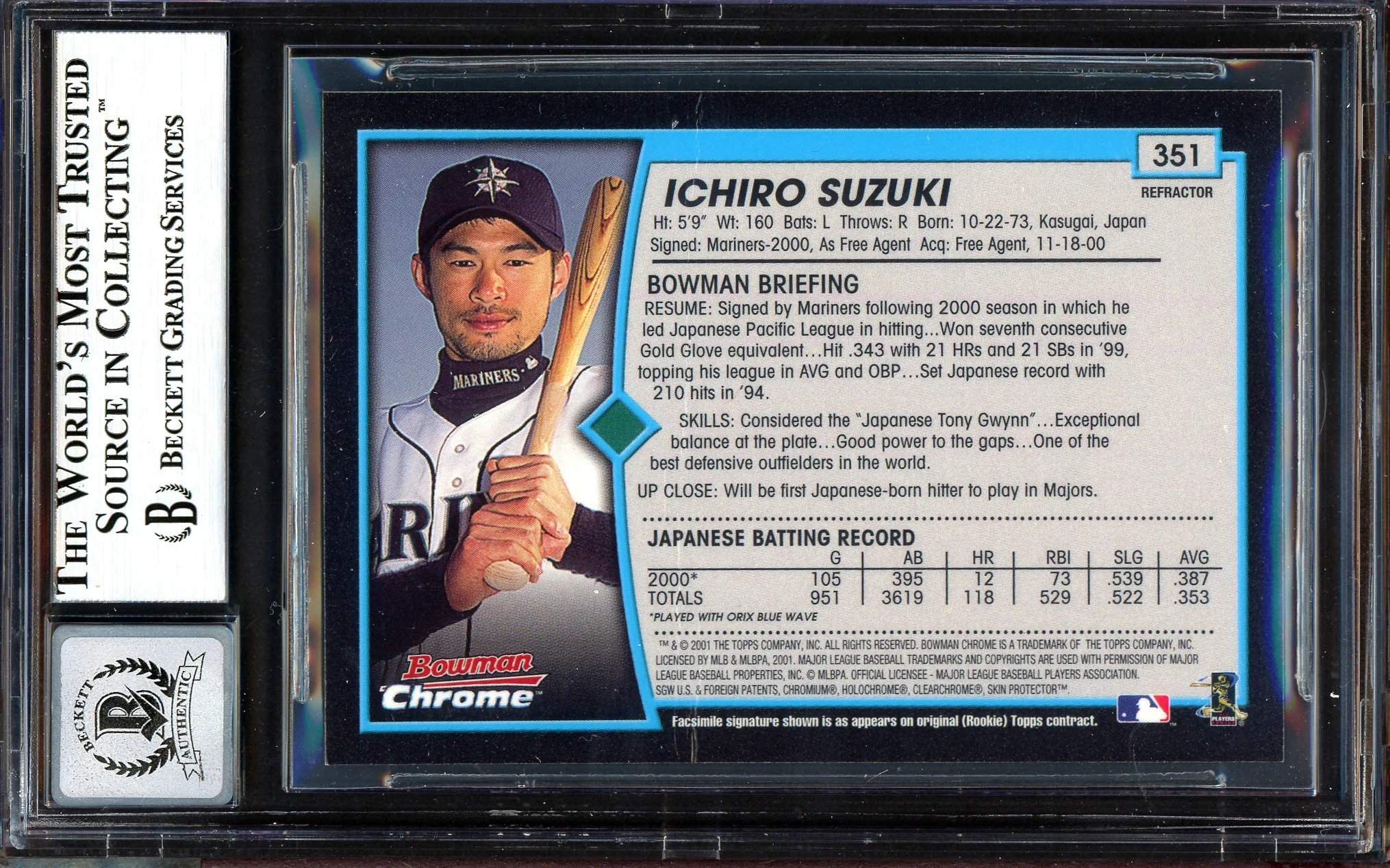 Ichiro Suzuki Autographed 2001 Bowman Chrome Refractor English Rookie Card #351 Seattle Mariners Auto Grade Gem Mint 10 "01 ROY/MVP" (Creases On Back) Beckett BAS #13604571 - Image 2