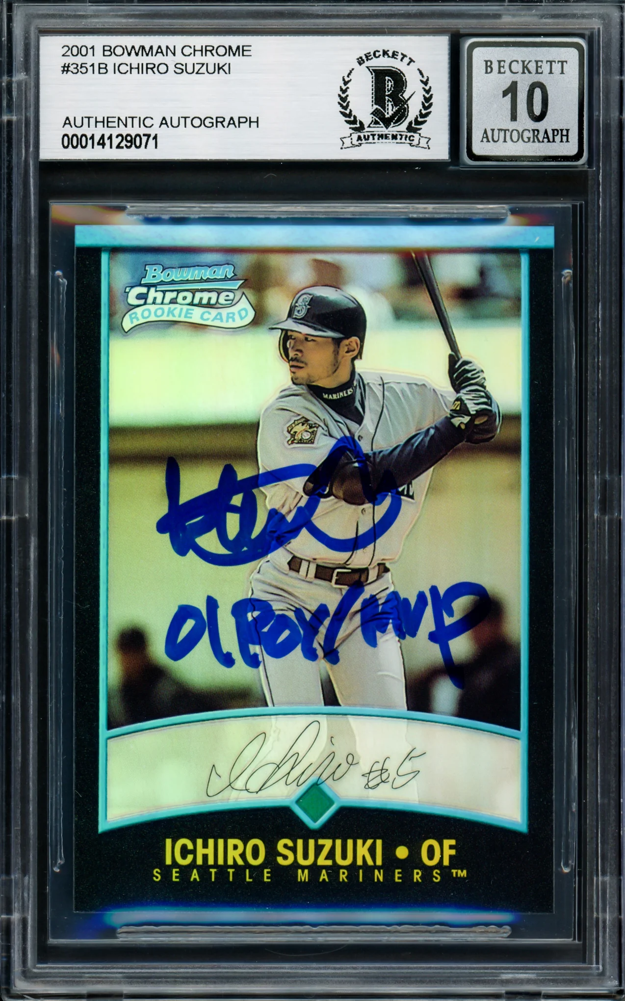 Ichiro Suzuki Autographed 2001 Bowman Chrome Refractor Japanese Rookie Card #351 Seattle Mariners Auto Grade Gem Mint 10 "01 ROY/MVP" Beckett BAS #14129071 - Image 3