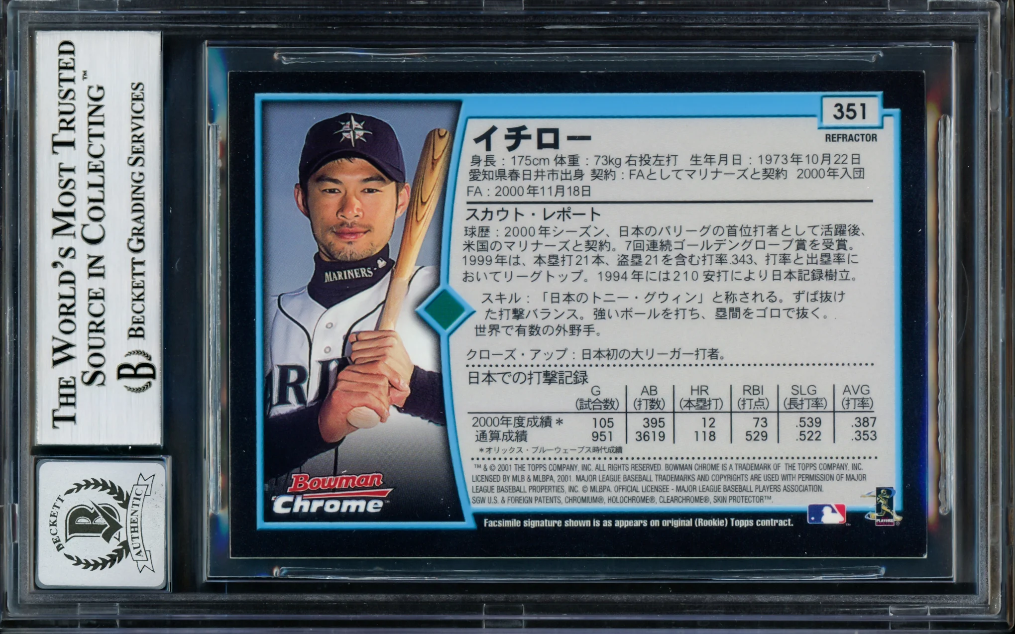 Ichiro Suzuki Autographed 2001 Bowman Chrome Refractor Japanese Rookie Card #351 Seattle Mariners Auto Grade Gem Mint 10 "01 ROY/MVP" Beckett BAS #14129071 - Image 4