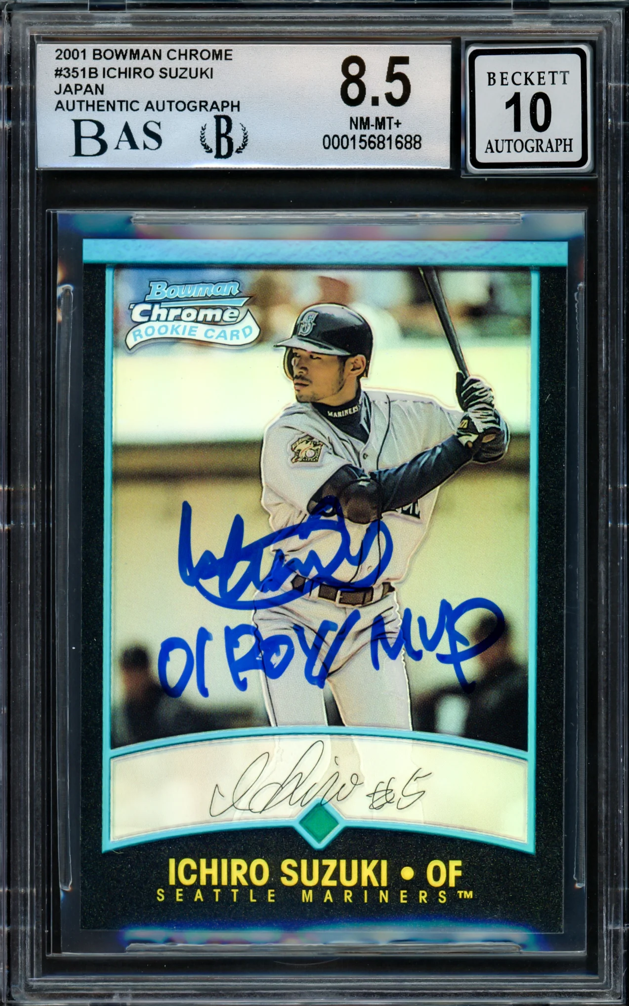 Ichiro Suzuki Autographed 2001 Bowman Chrome Refractor Japanese Rookie Card #351 Seattle Mariners BGS 8.5 Auto Grade Gem Mint 10 "01 ROY/MVP" Beckett BAS #15681688 - Image 2