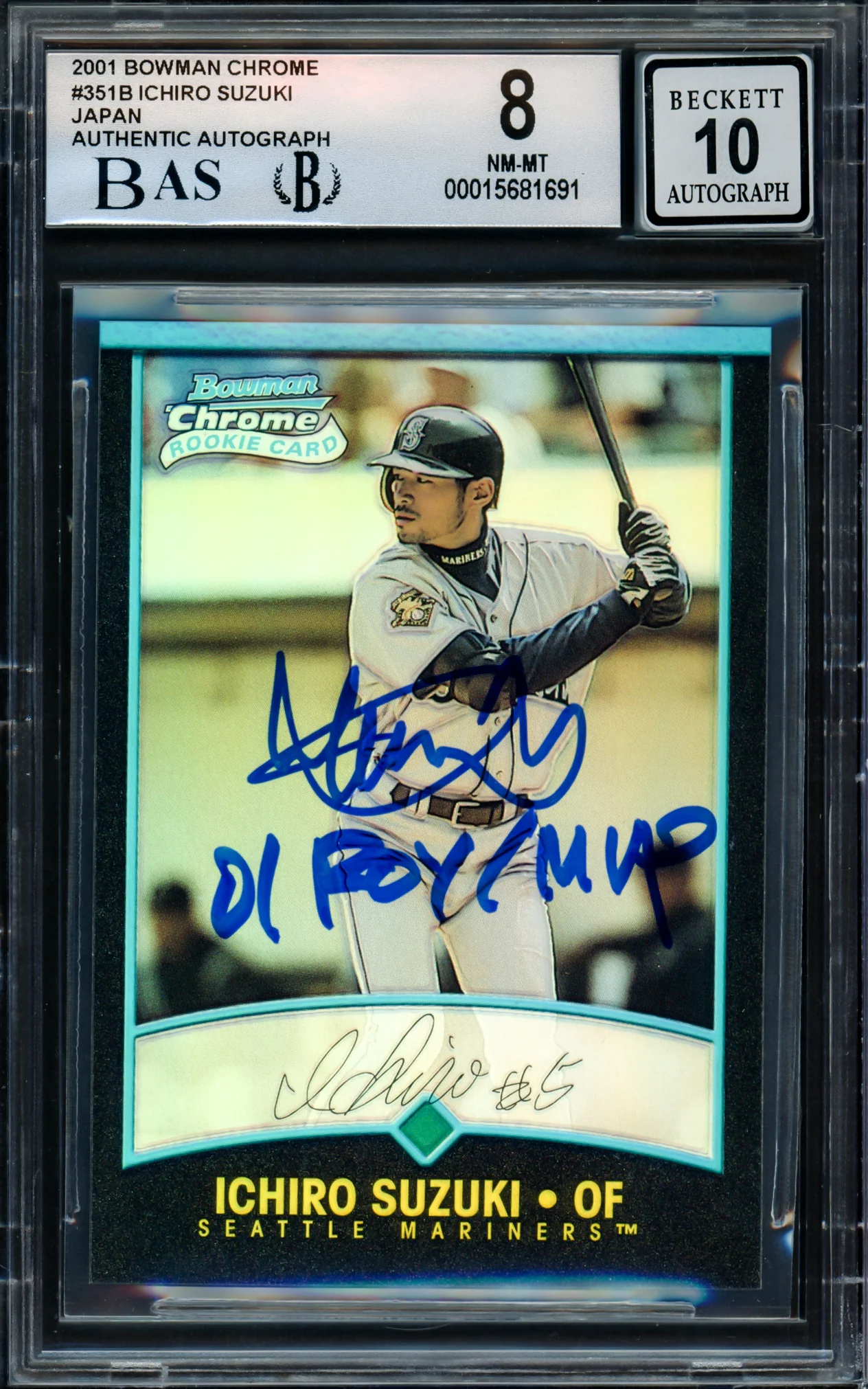 Ichiro Suzuki Autographed 2001 Bowman Chrome Refractor Japanese Rookie Card #351 Seattle Mariners BGS 8 Auto Grade Gem Mint 10 "01 ROY/MVP" Beckett BAS #15681691 - Image 2
